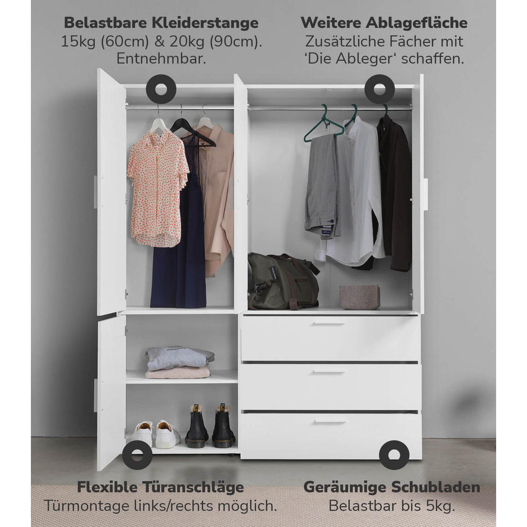 Thumbnail - Mokebo Kleiderschrank, Weiß, Holzwerkstoff, 1 Fächer, 150x187x58 cm, Schlafzimmer, Kleiderschränke, Drehtürenschränke