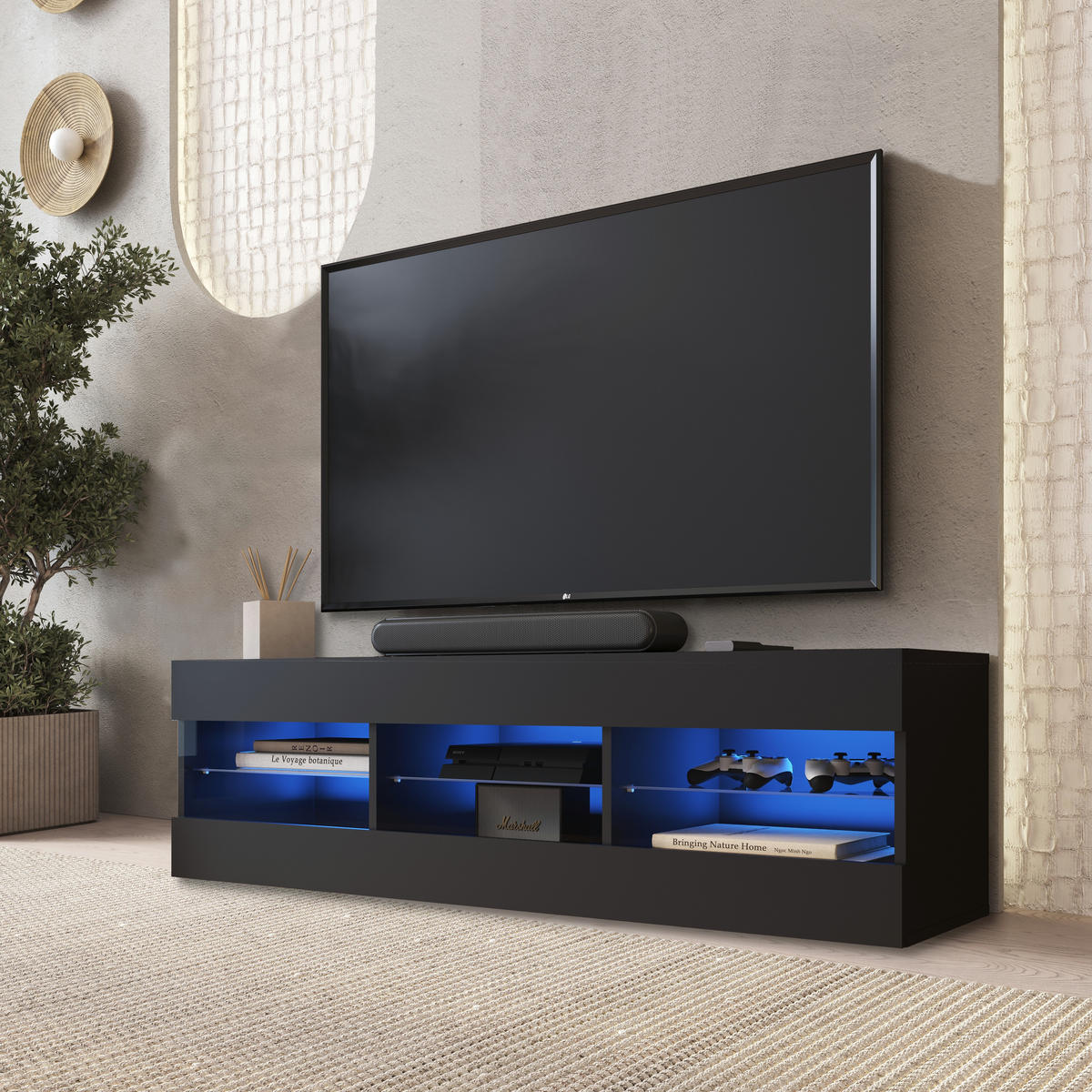 LOWBOARD TIVOLI RTV 140, Schwarz, LED Blau - Schwarz, Glas/Holzwerkstoff (140/40.5/35.5cm) - Komodee