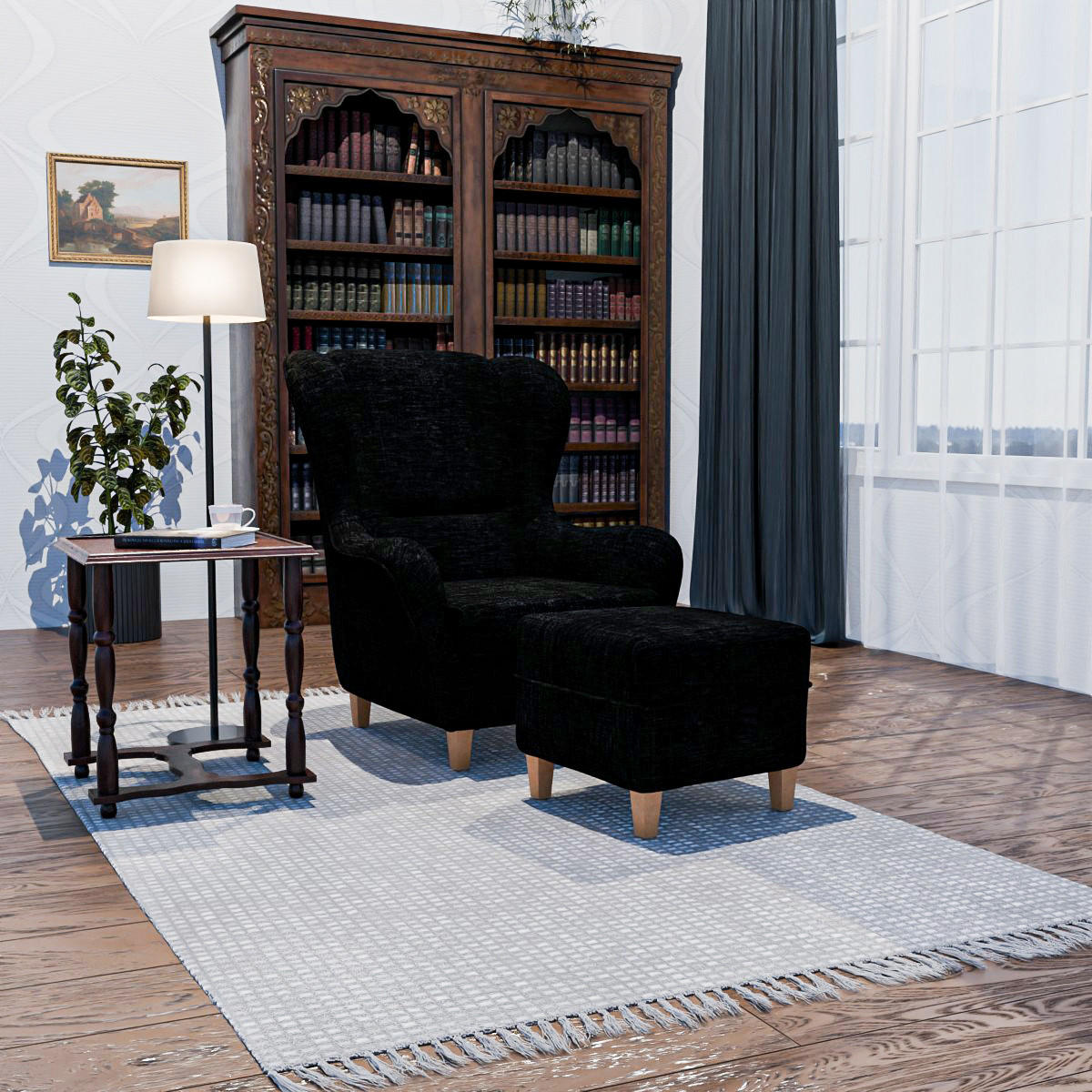 OHRENSESSEL Sofia Relaxsessel mit Hocker | Design Webstoff Vienna Schwarz - Schwarz Hochglanz, Holz/Textil (92/68/95cm) - Supellex