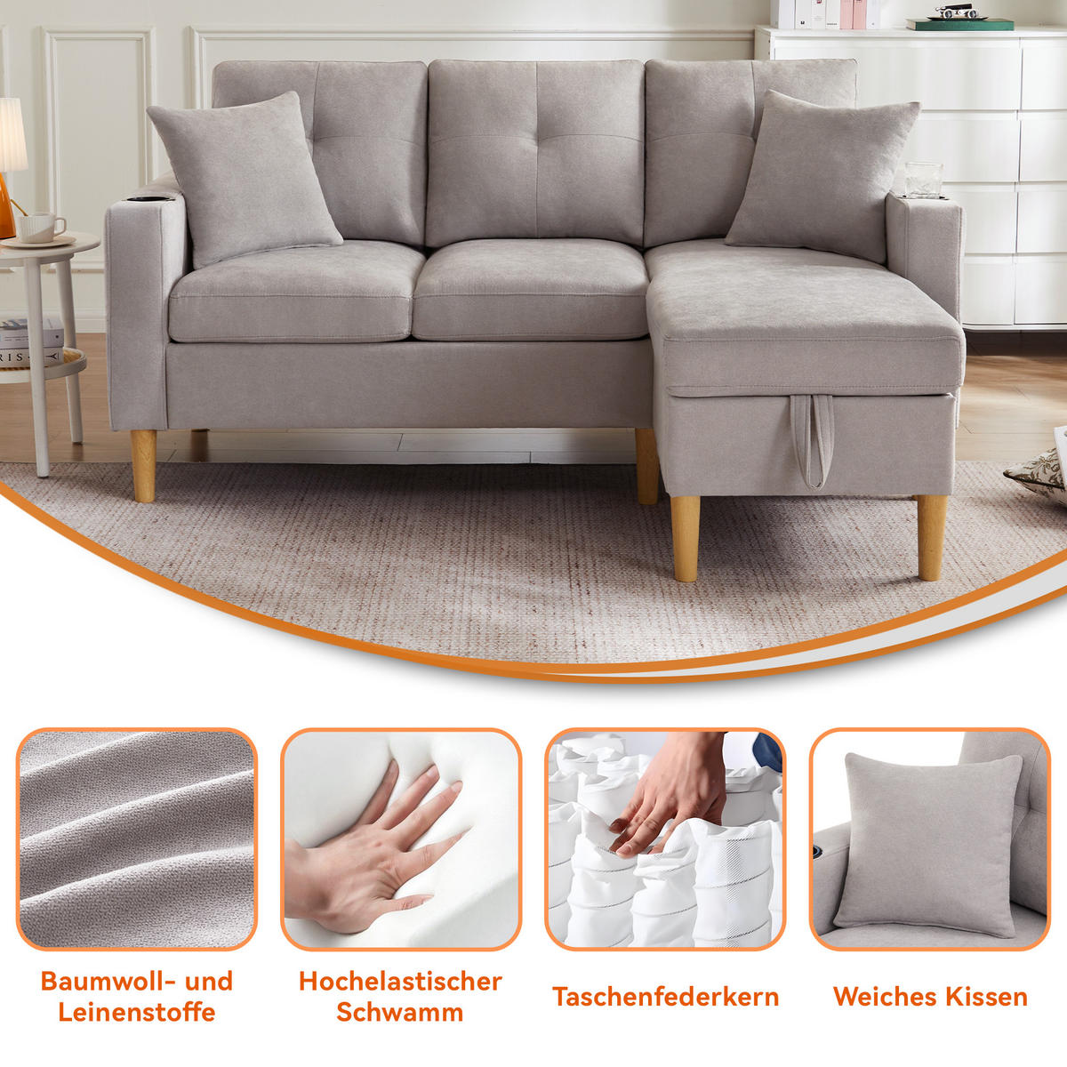 ECKSOFA Baumwolle-Leinen mit Stauraum und Getränkehaltern 175/129/90 cm Hellgrau mit 2 Kissen - Hellgrau, Textil (175/129cm) - Redom