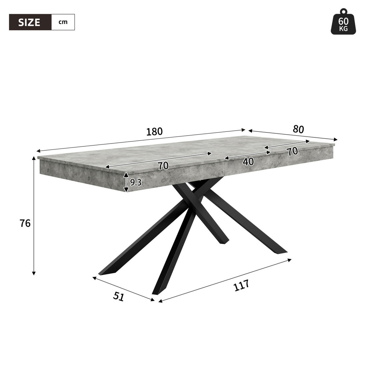 JEDILNA miza 140–180/80 cm, raztegljiva z odebeljeno ploščo in križnim podnožjem, Siva - siva, leseni material (180/80/76cm) - Redom