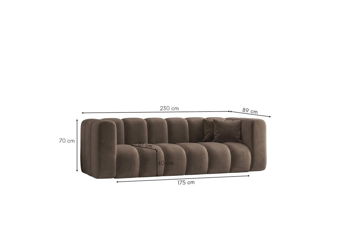 SOFA 3-Sitzer Modulares, Velvet-Stoff Riviera, Braun, GRAND - Braun, Holz (230/70/89cm) - Kaiser Möbel