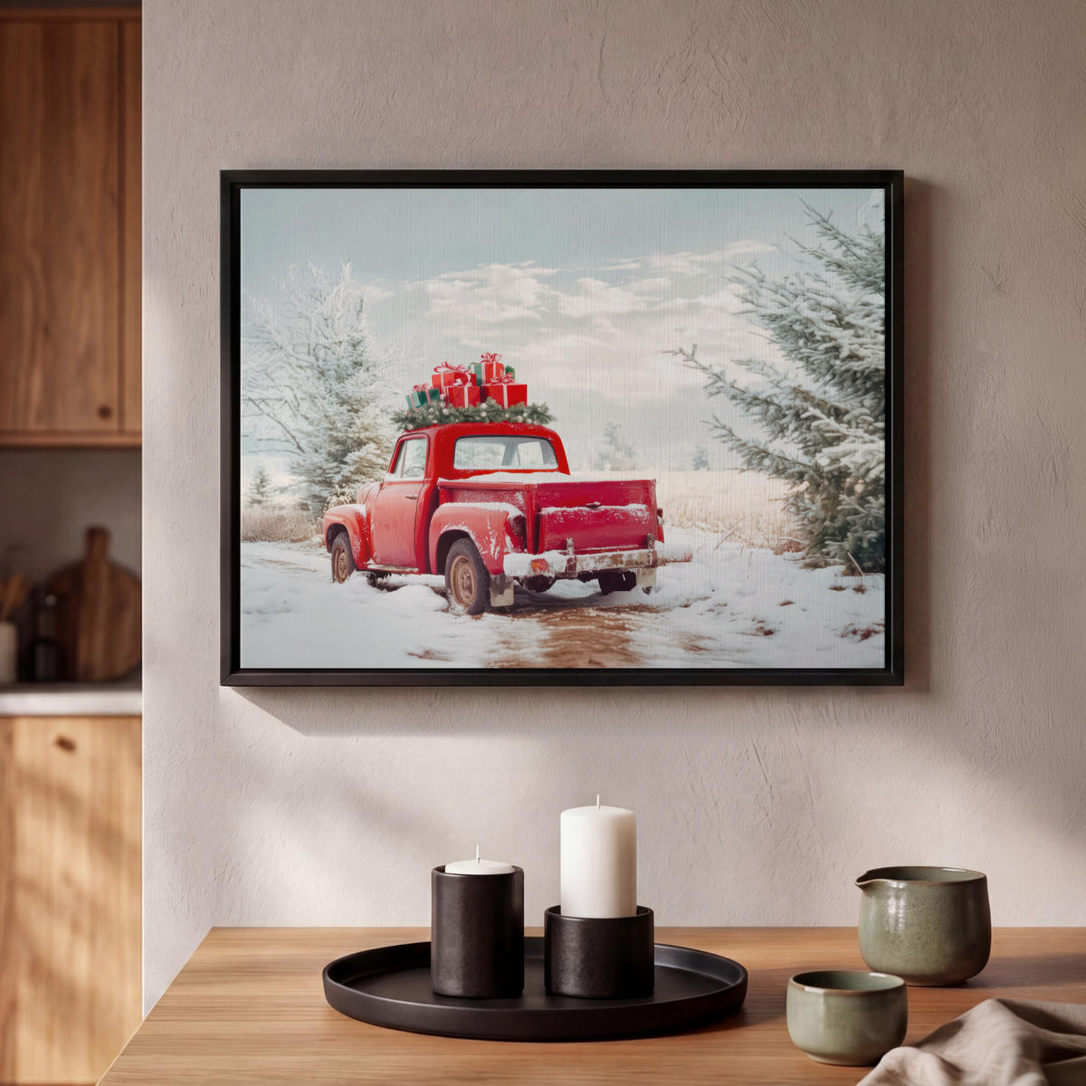 LEINWAND Bilder mit Rahmen - Auto - Rot - Geschenke - Winter - Schnee - Weihnachten - 40x30 - Rot, Textil (40/30cm) - MuchoWow