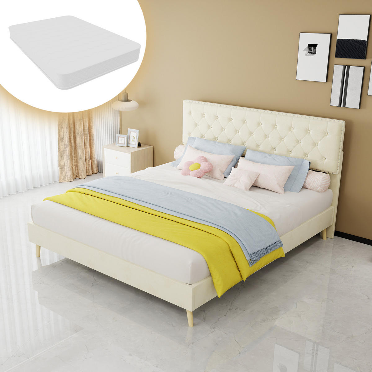 POLSTERBETT 160/200 cm DE-32971 mit Matratze Beige - Beige, Metall (160/200cm) - ComfortXL