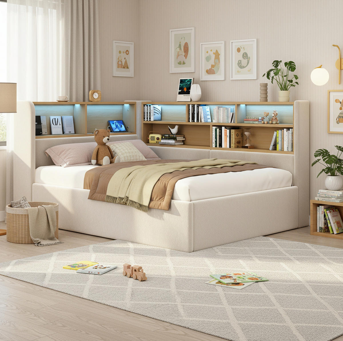 POLSTERBETT aus Samt Beige mit hydraulischem Stauraum, LED-Beleuchtung und USB-C-Anschluss - Beige, Textil (90/200cm) - IVMEU