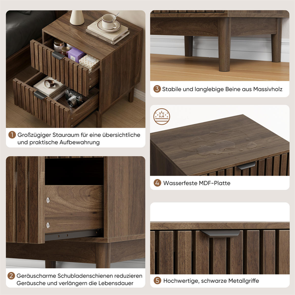 NACHTTISCH mit 2 Schublade - Nachtkommode im Mid-Century Design - Holzbeine und schwarze Griffe - Walnuss - Walnussfarben, Holzwerkstoff (39/56.5/45cm) - DELFA