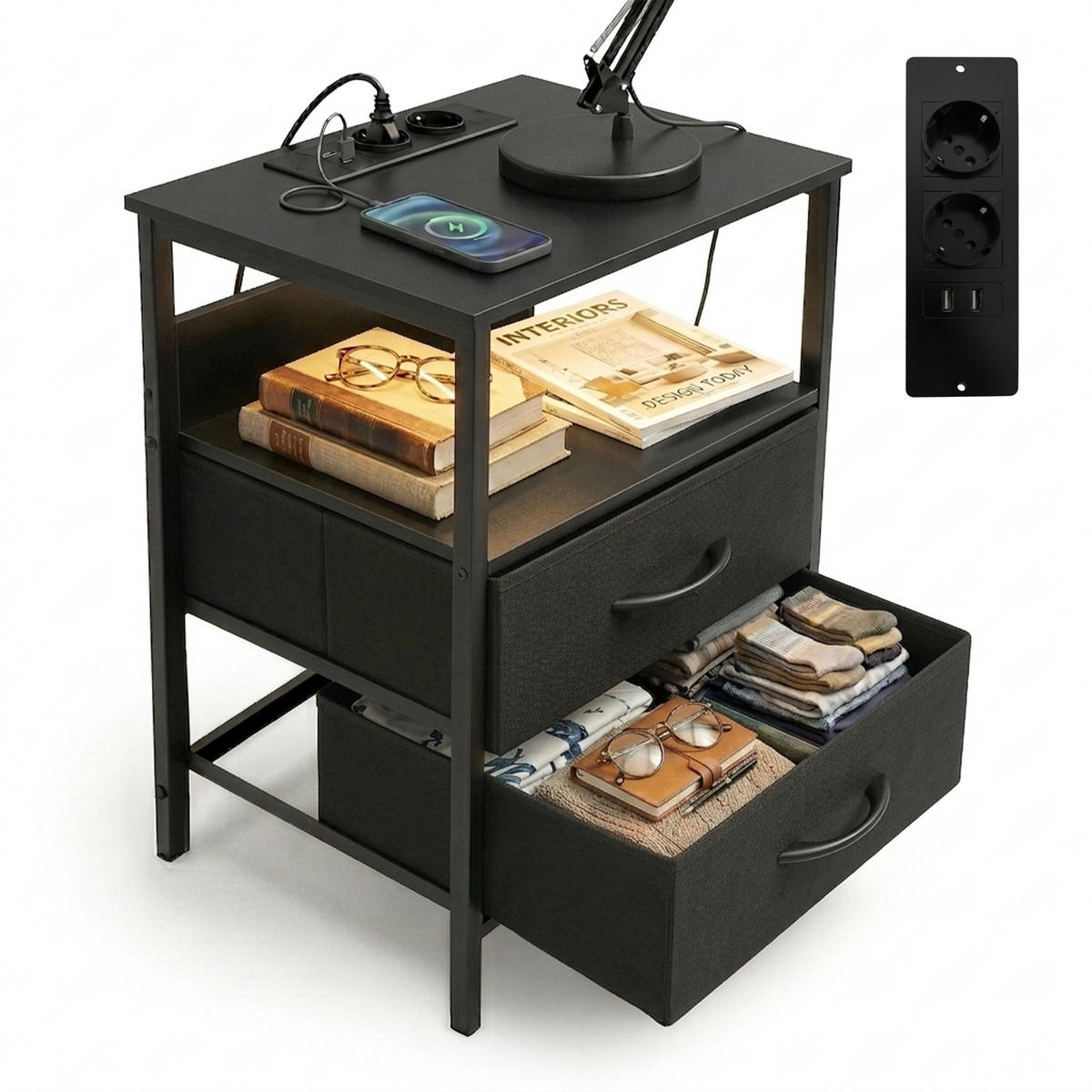 ODKLÁDACÍ stůl - černá, kov/kompozitní dřevo (30/40/60cm) - Relaxdays