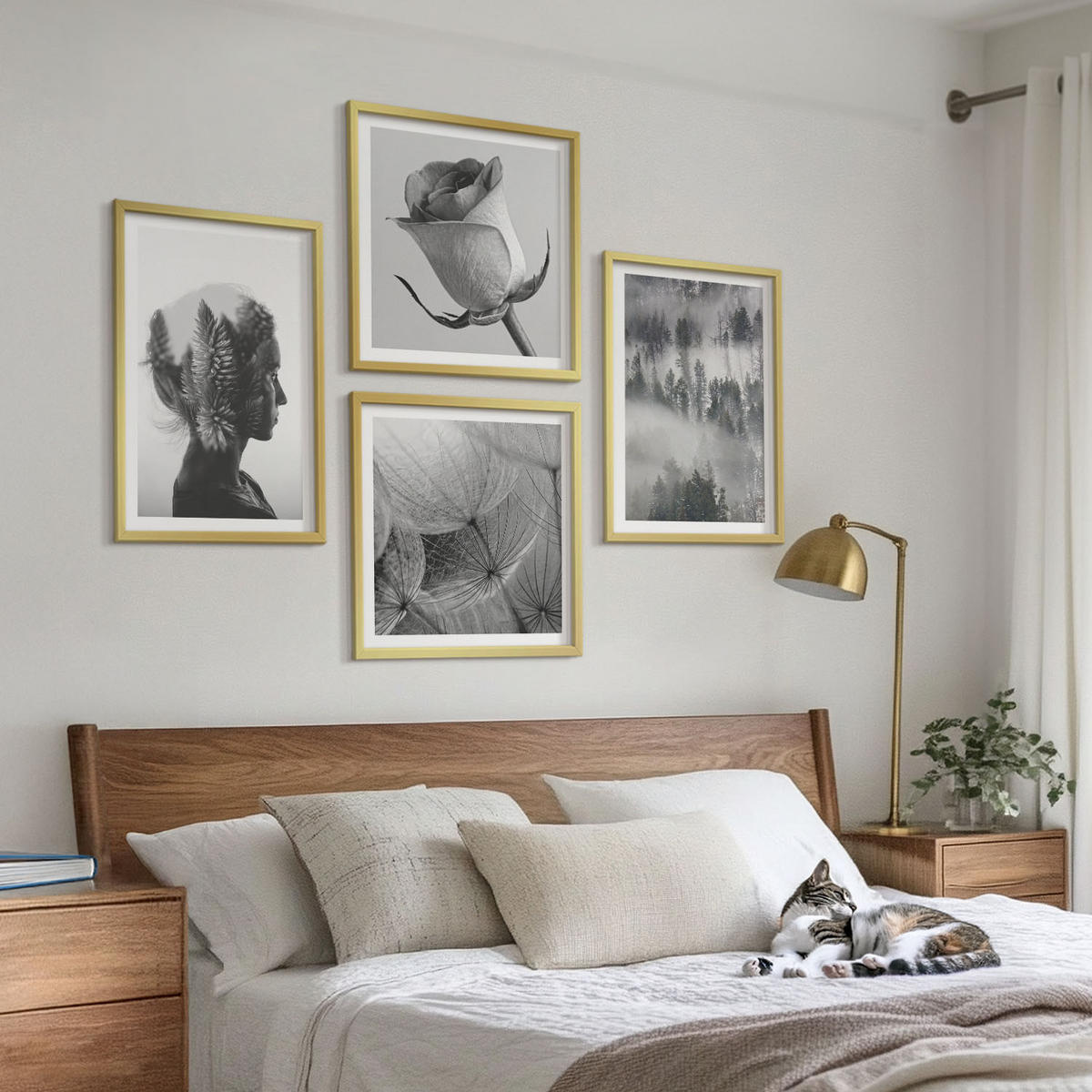 BILDER SET 4er Set - 50x50 cm & 40x60 cm Goldrahmen - Waldnebelporträt einer Frau - Goldfarben, Kunststoff (50/50cm) - TULUP