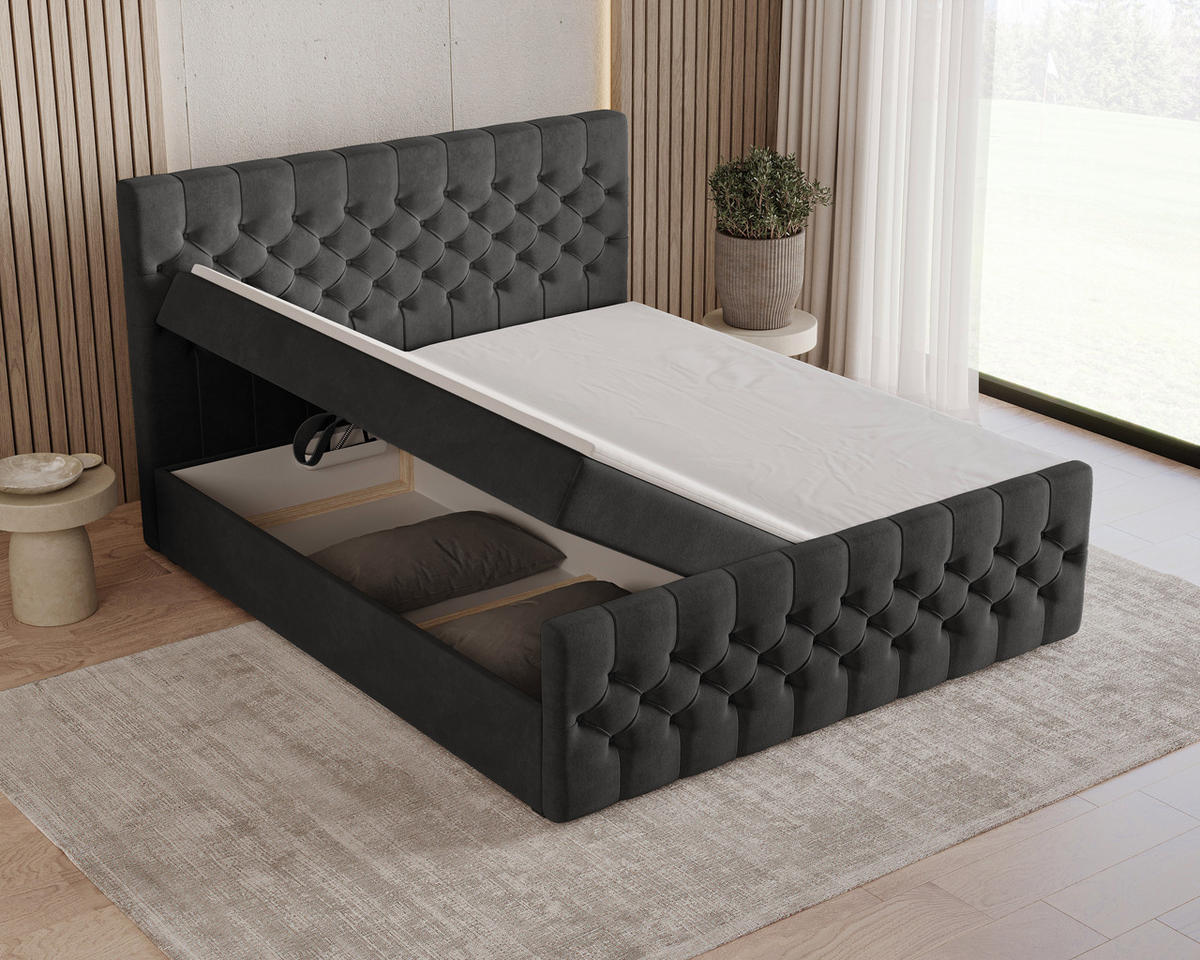 BOXBETT 12 160 x 200 cm - Manila - Modernes Polsterbett mit Bettkasten inkl. PU-Schaum-Topper und Federmechanismus - Schwarz, Holz (160/200cm) - ROYAL24_MARKT