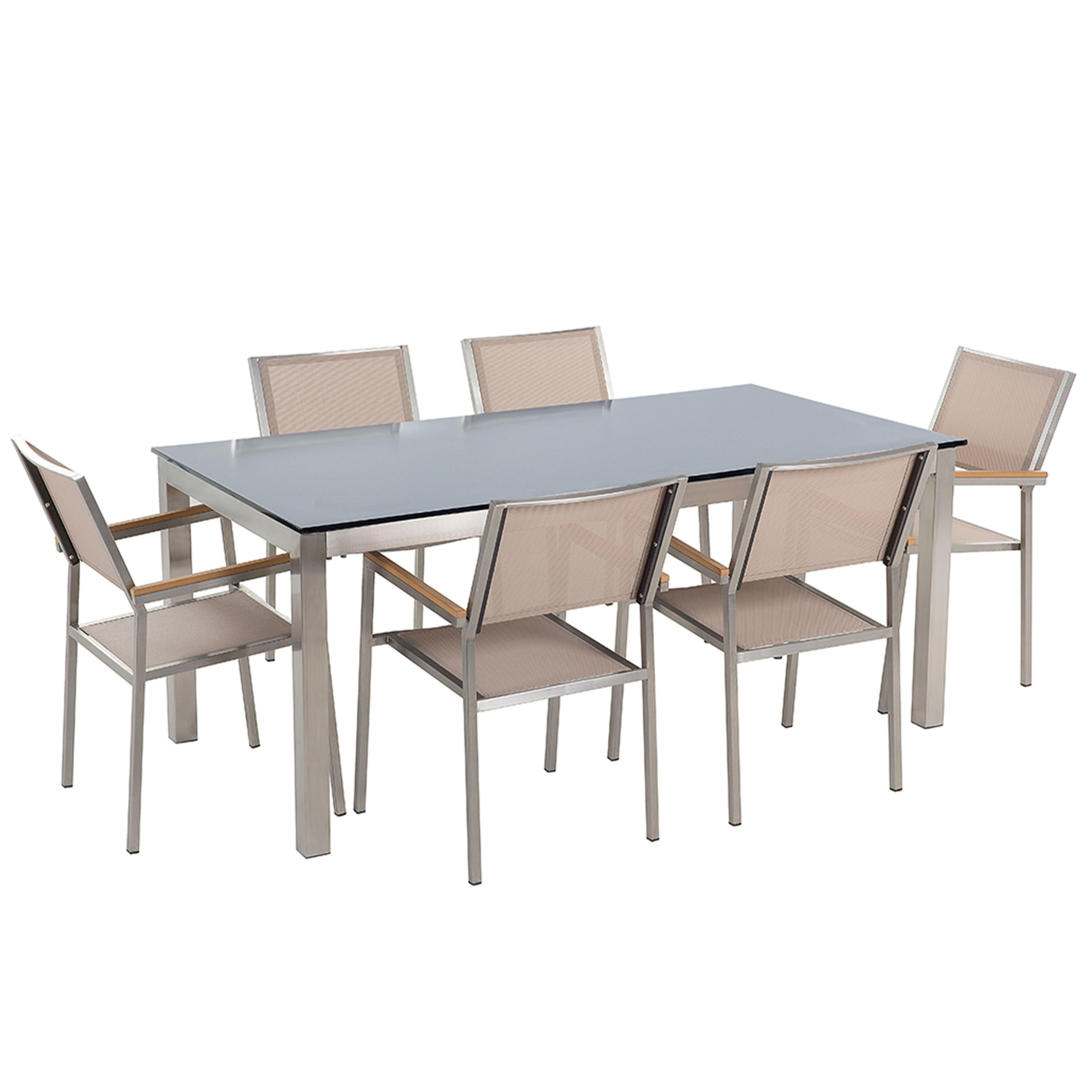 GARTENMÖBEL-SET 6-Sitzer Glasplatte schwarz Textilbespannung beige Grosseto - Beige/Silberfarben, Glas - Beliani