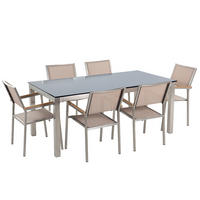 GARTENMÖBEL-SET 6-Sitzer Glasplatte schwarz Textilbespannung beige Grosseto - Beige/Silberfarben, Glas - Beliani