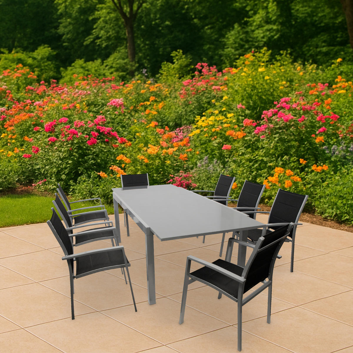 GARTEN-GARNITUR Ashford - 9-teilig Garten-Essgruppe (8x Stapelsessel mit Armlehnen, 1x Ausziehtisch 180/240x100cm), Gestell Aluminium - Schwarz, Metall - TPFGarden