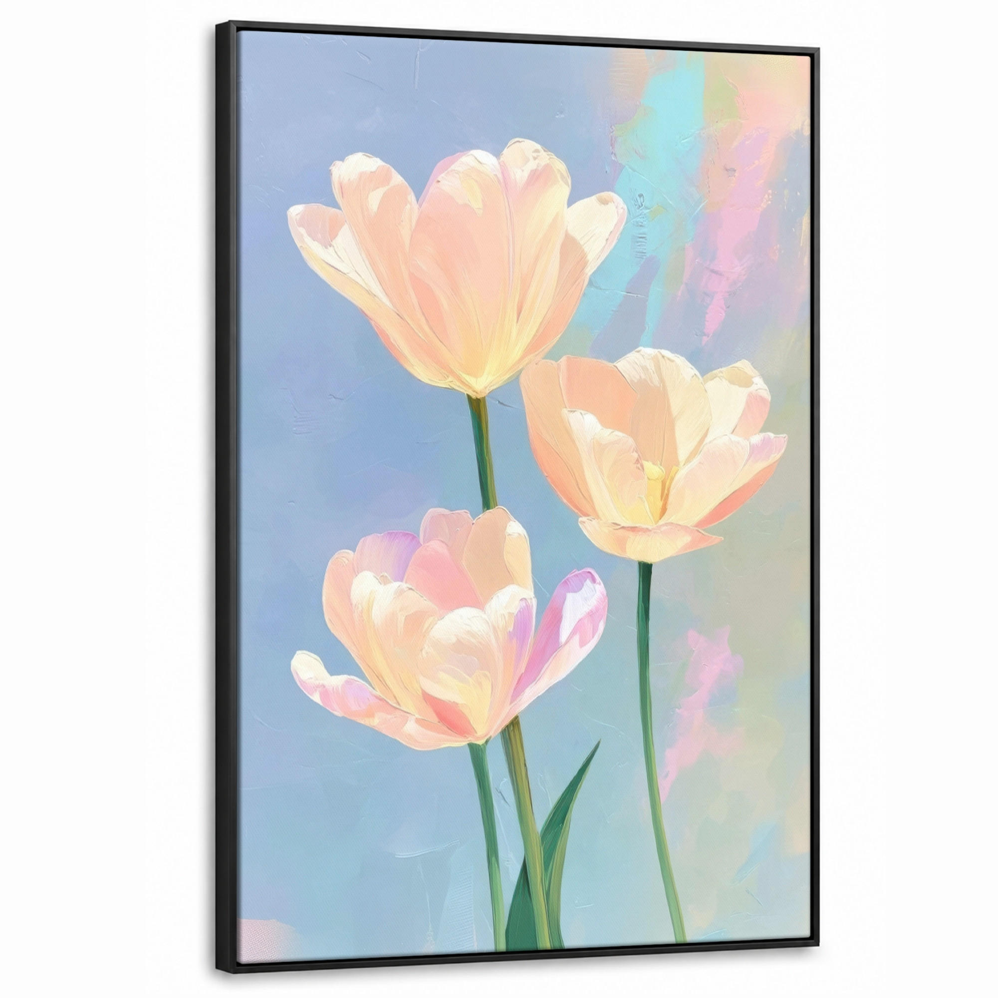 LEINWAND Bilder mit Rahmen - Tulpen - Rosa Akzente - Blau - 80x120 - Pastellblau, Textil (80/120cm) - MuchoWow