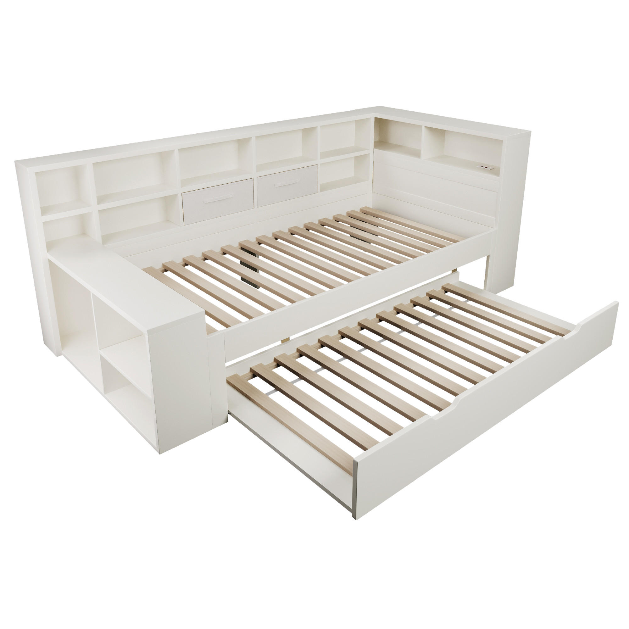 AUSZIEHBETT 90/190 cm DE-00789, in Weiß, USB-C und 3 Ablageflächen - Weiß, Holz (90/190cm) - ComfortXL