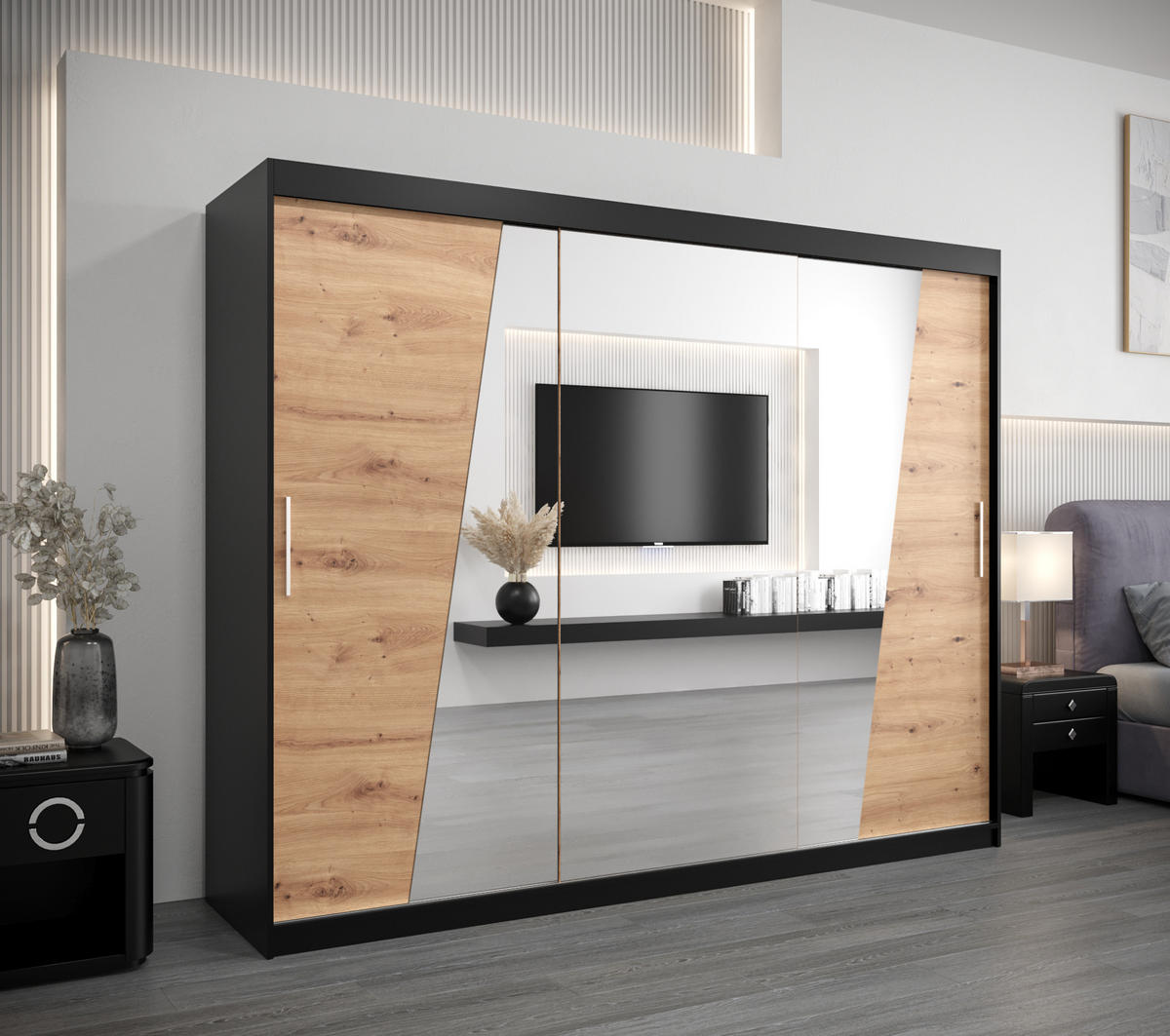 SCHWEBETÜRENSCHRANK 200/250/62 3-türig - Silberfarben/Schwarz, Holz/Kunststoff (250/200/62cm) - Abiks Möbel