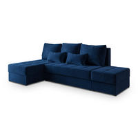 ECKSOFA NORVI Blau Plüsch-Stoff mit Schlaffunktion - Blau, Holz (251/143cm) - MASSENO