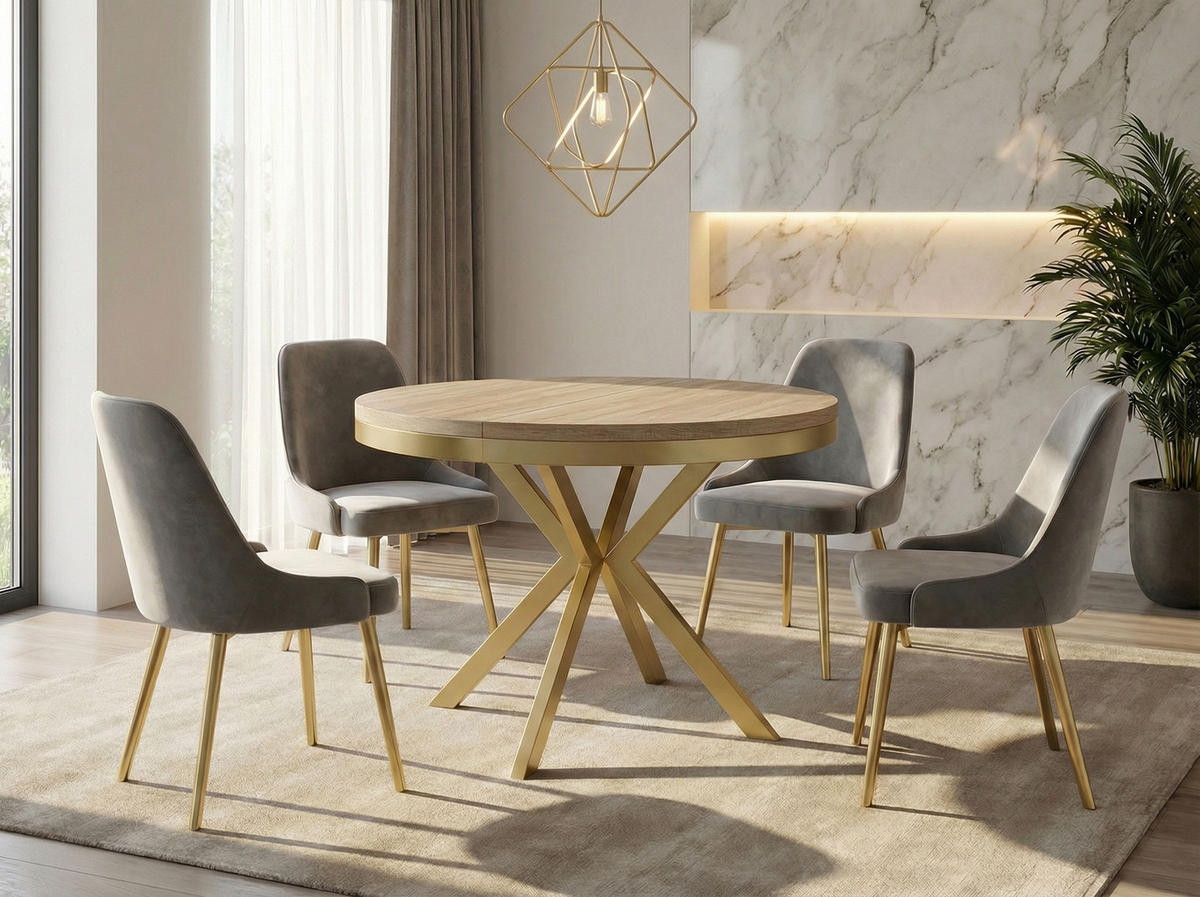 ESSTISCH Dina runder ausziehbarer, Sonoma Eiche 120-200/100/76 cm - Goldfarben/Sonoma Eiche, Holzwerkstoff/Metall (120/120/76cm) - WFL GROUP