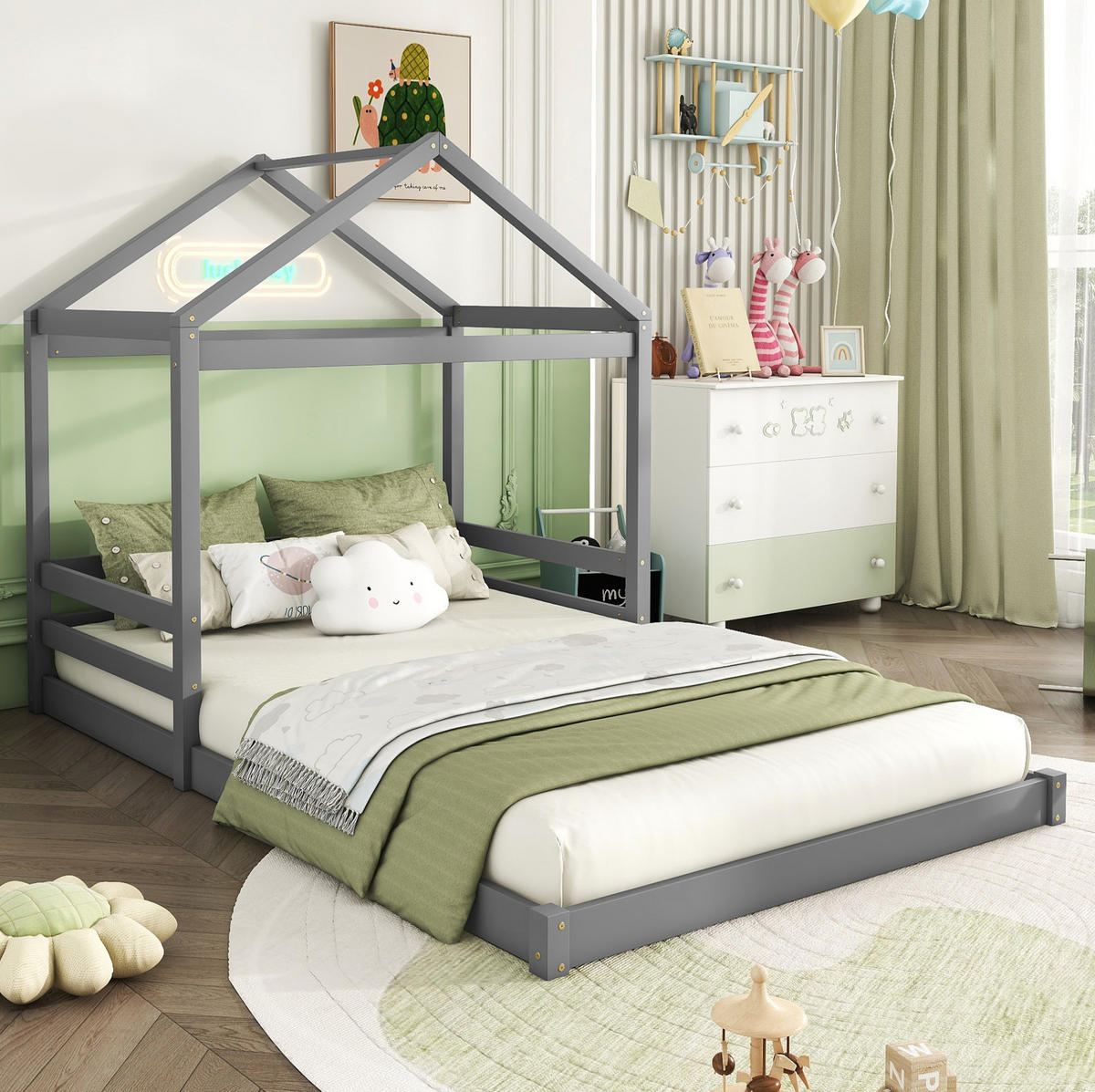HAUSBETT aus Kiefernholz und MDF 140x200 cm Grau mit Lattenrost in Hausform - Grau, Holzwerkstoff (140/200cm) - Modfu