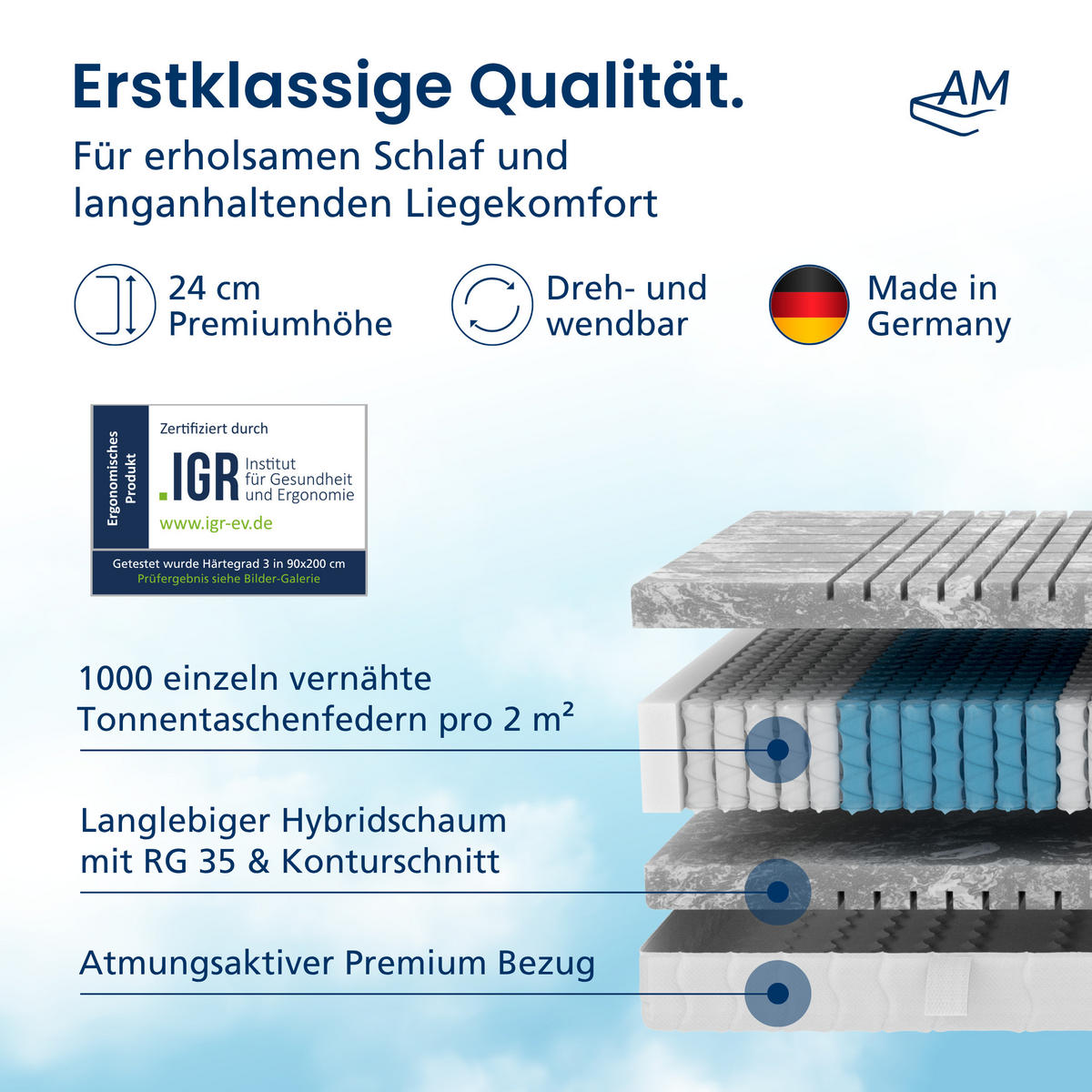 TASCHENFEDERKERNMATRATZE 3D Deluxe 100/200 cm H3 - 24cm Höhe & Tencel Bezug - Weiß, Textil (100/200cm) - AM Qualitätsmatratzen