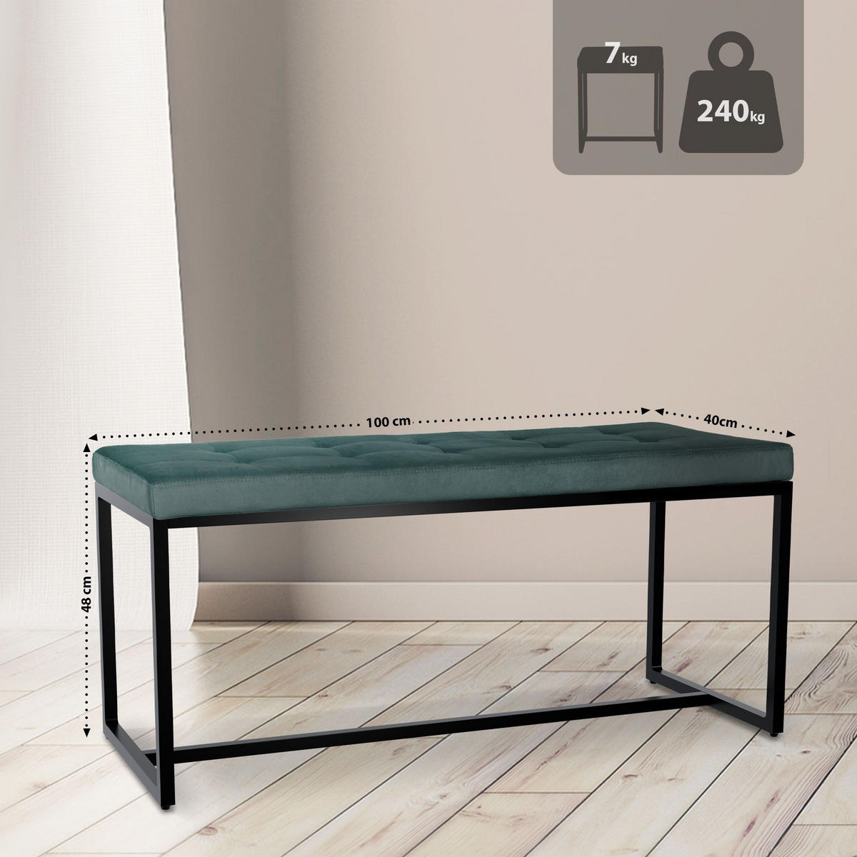 SITZBANK 100/40 cm Samt grün - Schwarz/Grün, Textil/Metall (100/48/40cm) - CLP