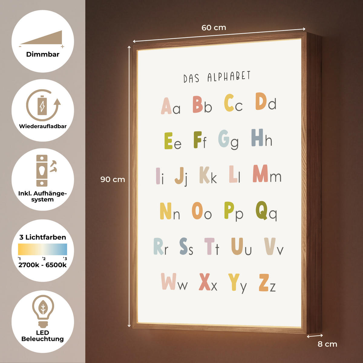 NACHTTISCHLAMPE MIT AKKU Pädagogisch - Alphabet lernen - Farbenfroh - Weiß - Buchstaben 60x90 cm - Weiß, Holzwerkstoff (8/60/90cm) - OnlyWow