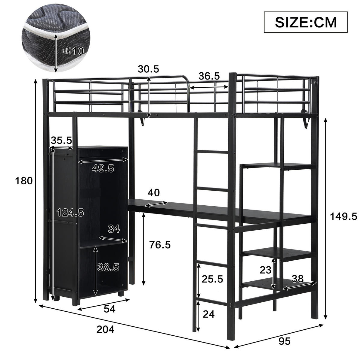 HOCHBETT aus Metall und MDF 90x200 cm Schwarz mit Schreibtisch, Kleiderschrank und Regalen - Schwarz, Metall (90/200cm) - IVMEU