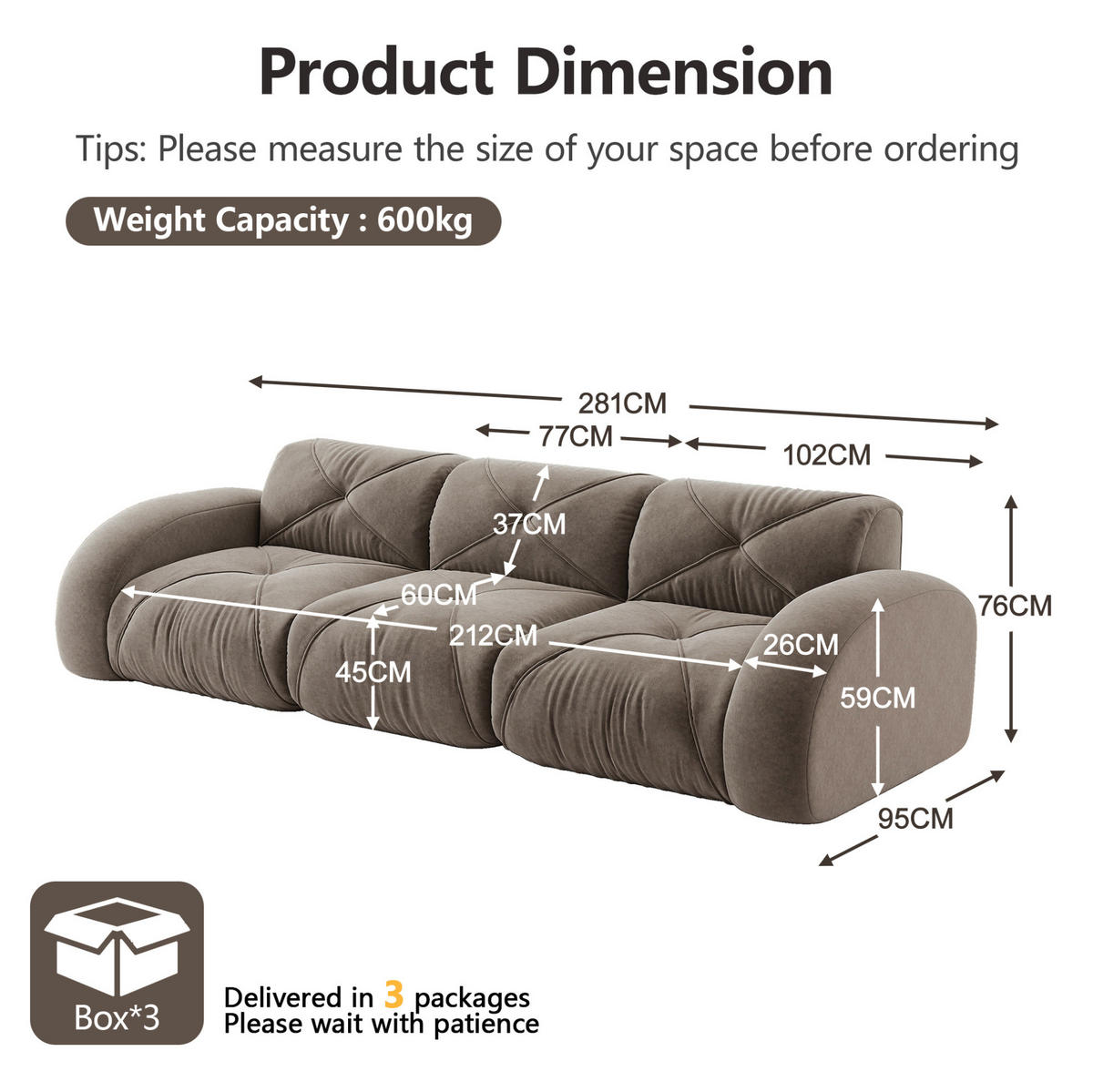 SOFA rahmenloses Modulsofa Chenille Braun - Grau, Kunststoff (95/76/281cm) - Meubliv