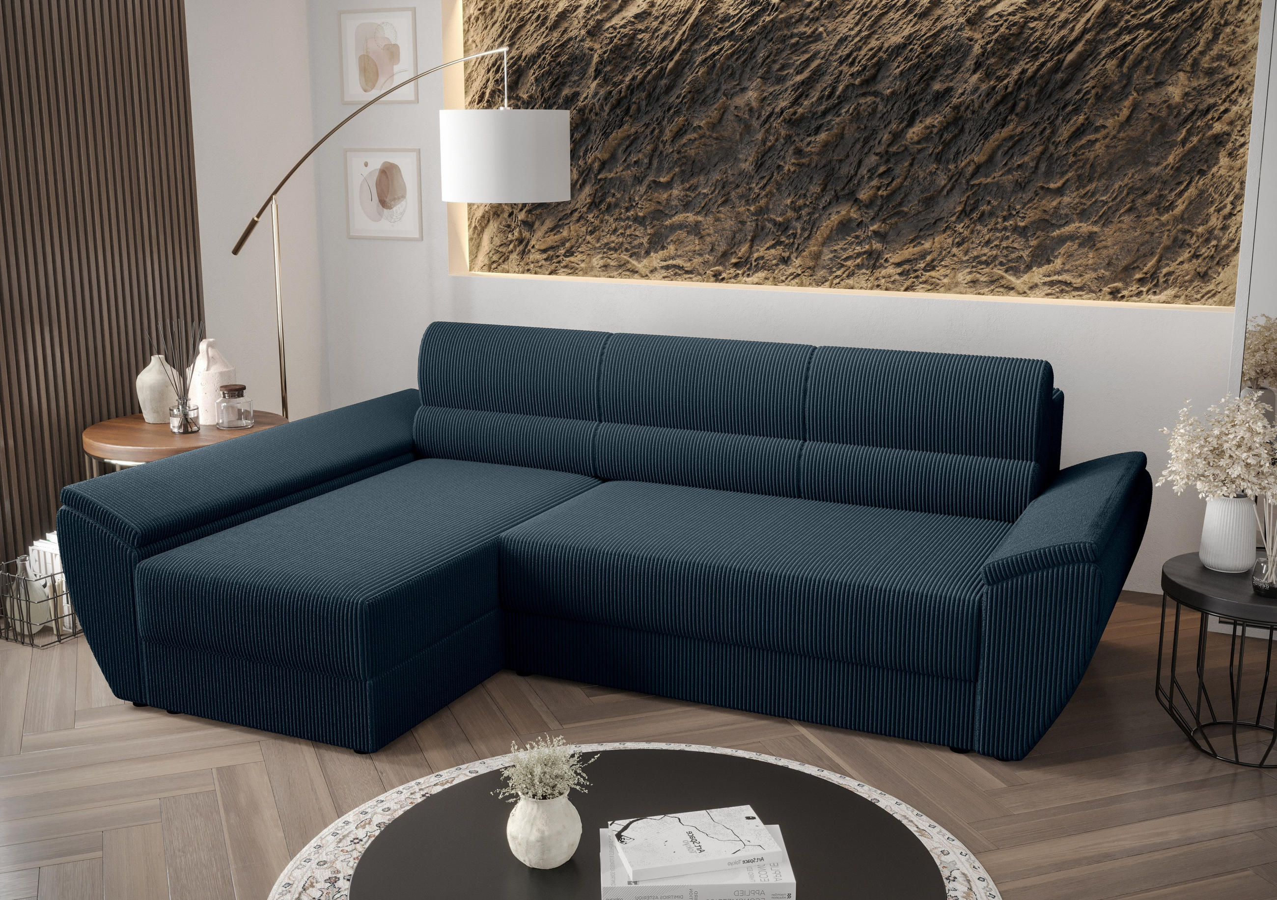ECKSOFA L REBI L3 Poso 05 Links mit Schlaffunktion, Dunkelblau - Dunkelblau, Textil (251/140cm)