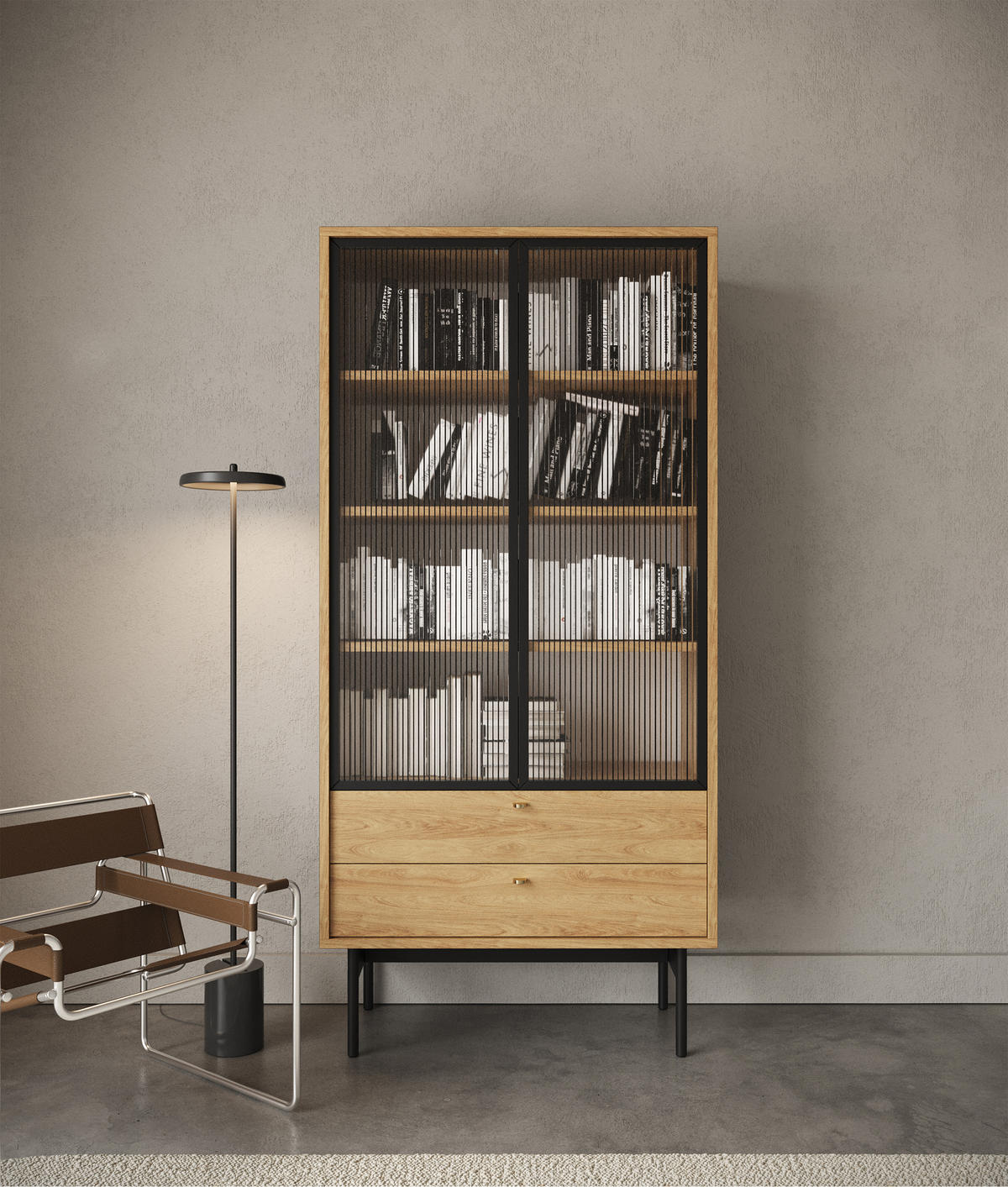 VITRINE Olar Holzoptik Hickory Natur 85 cm - Beige/Goldfarben, Holzwerkstoff/Metall (85/179/41cm) - Selsey