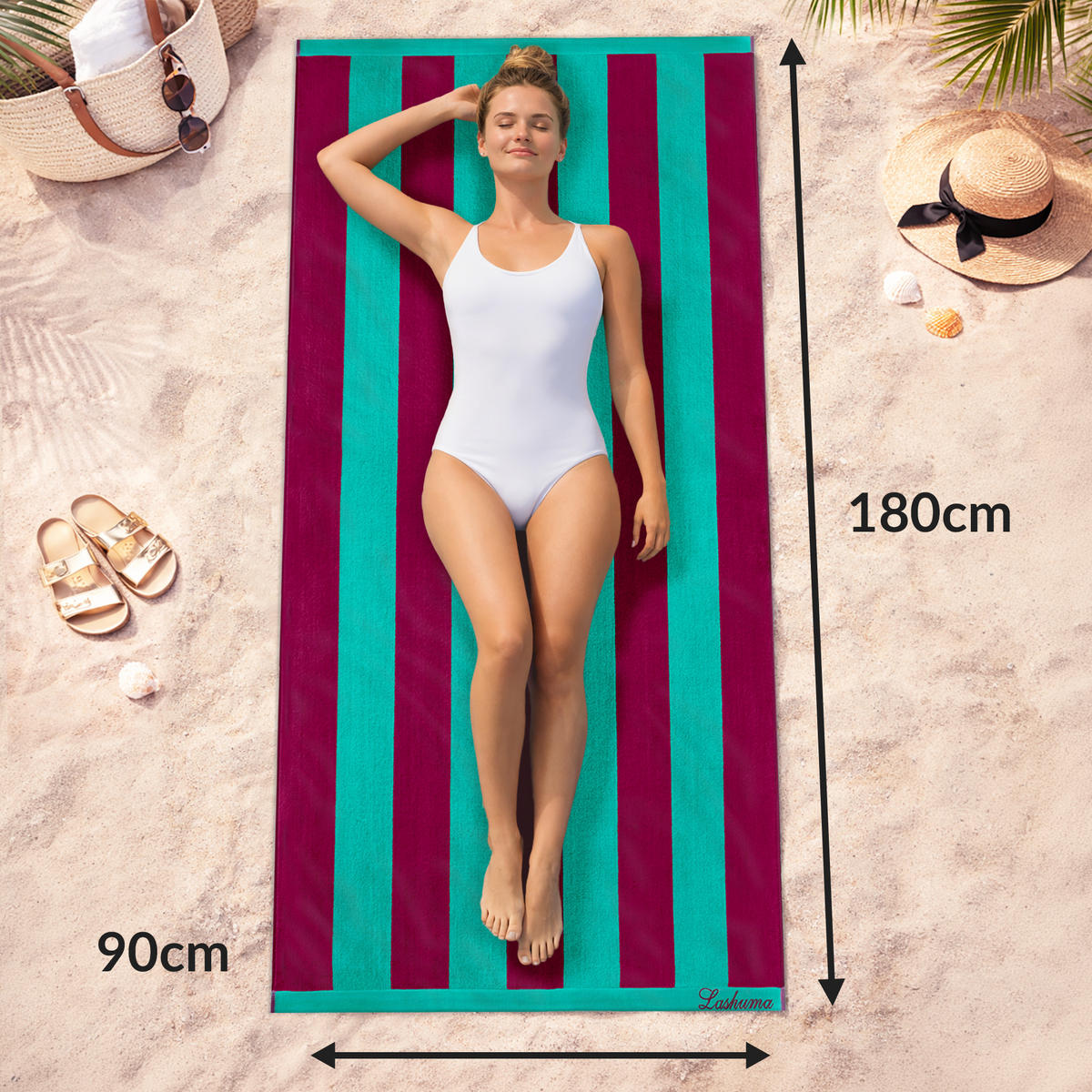 STRANDTUCH Merlot 90x180 cm - Kirschrot/Grün, Naturmaterialien (90/180cm) - Lashuma