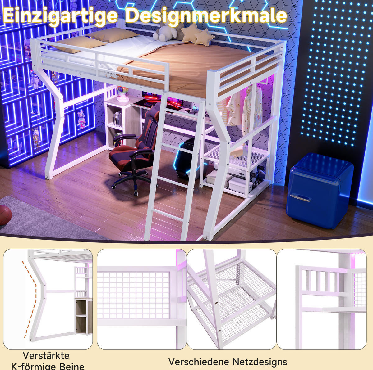 HOCHBETT 140/200 cm, Weiß mit Schreibtisch, Lichtleiste und Steckdose - Weiß, Metall (140/200cm) - MIVRAY