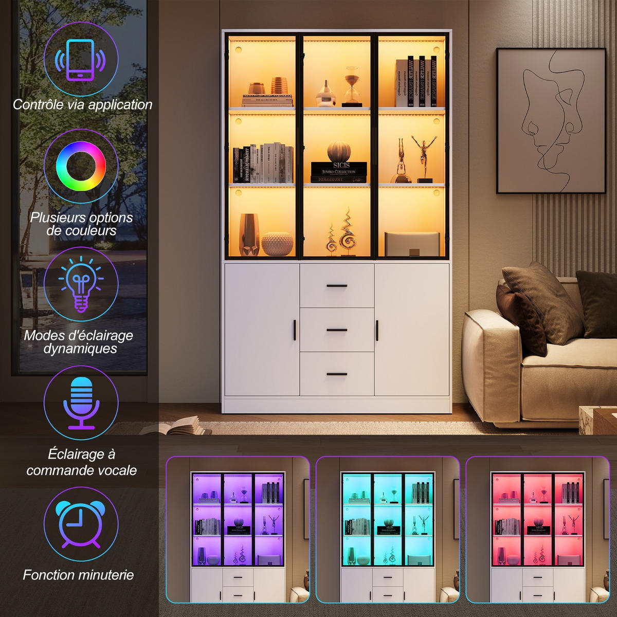 KÜCHENSCHRANK MIT LED BELEUCHTUNG 120/200/30 cm, Spanplatte und Glas, Weiß matt, Highboard mit 3 Schubladen für Wohnzimmer - Weiß, Holzwerkstoff (30/200/120cm) - Rolipo