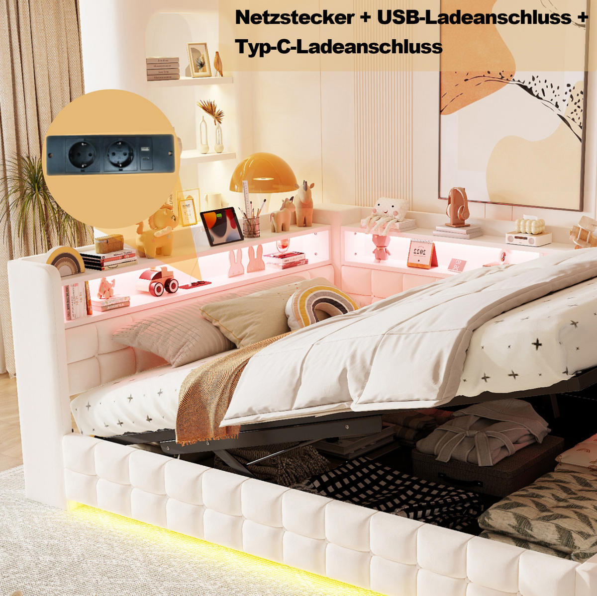 POLSTERBETT 140/200 cm aus Samtstoff mit Stauraum und LED-Beleuchtung, Beige - Beige, Textil (140/200cm) - OKMYHOME