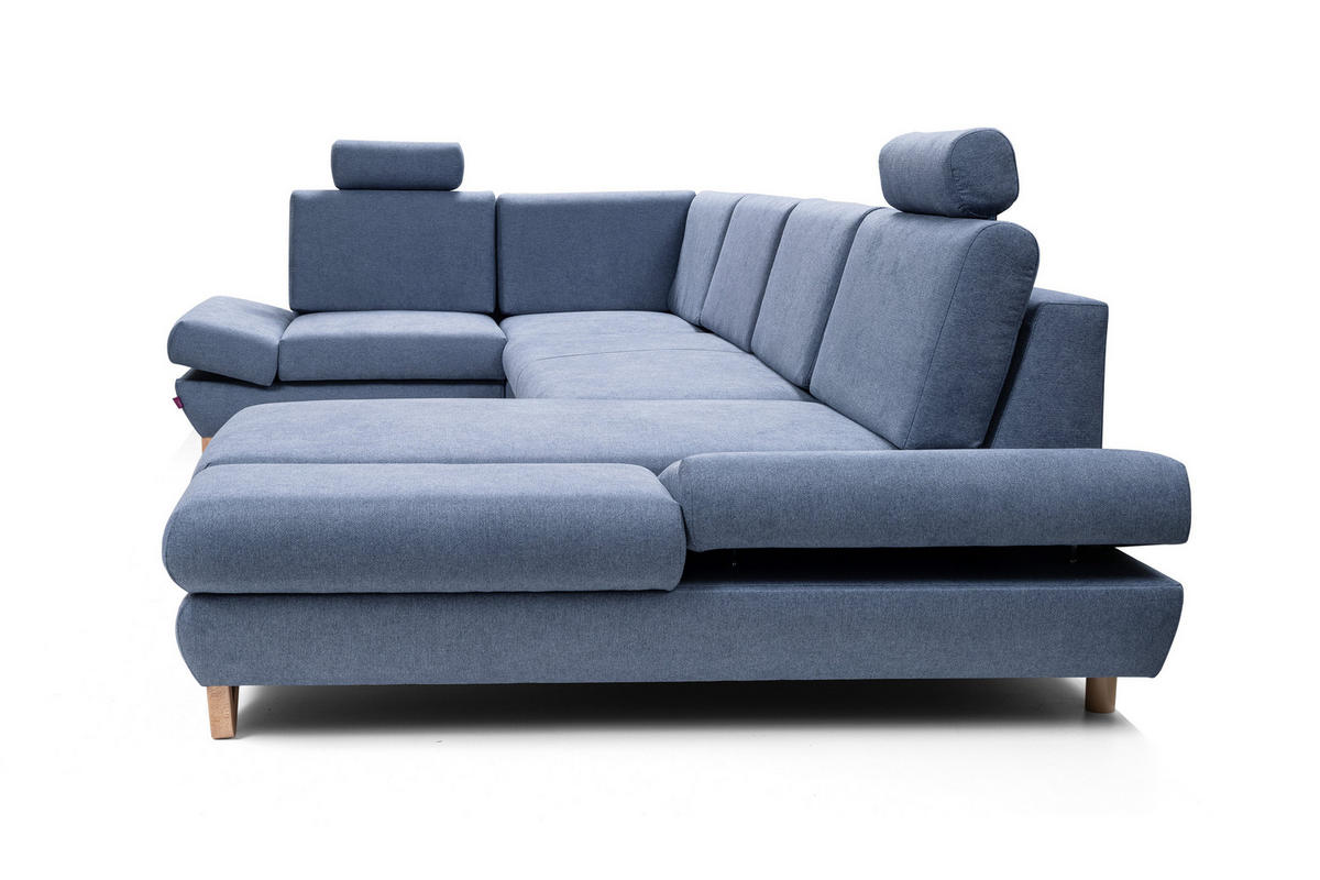 WOHNLANDSCHAFT CASA IV L-S Blau Plüsch-Stoff mit Schlaffunktion - Blau, Holz (344/100/199cm) - MASSENO