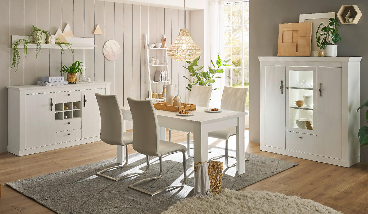 HIGHBOARD weiß Pinie Landhaus, Anrichte mit Soft-Close und Beleuchtung - Weiß, Holzwerkstoff/Kunststoff (141/146/45cm) - Furn.Design