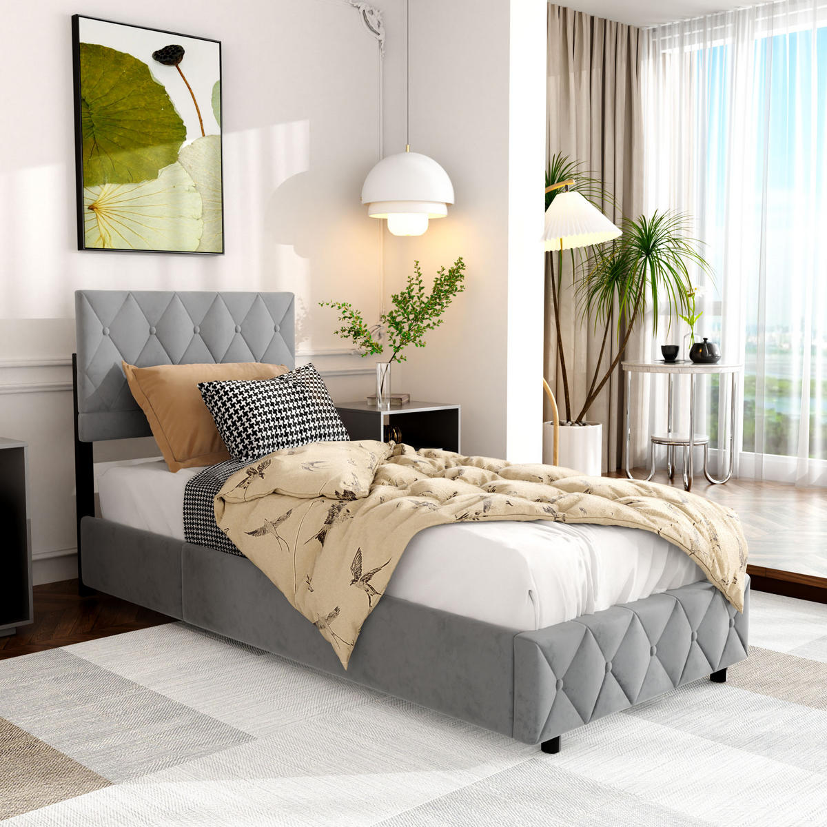 POLSTERBETT aus Samt 90x190 cm Grau mit hydraulischem Stauraum - Grau, Textil (90/190cm) - Modfu