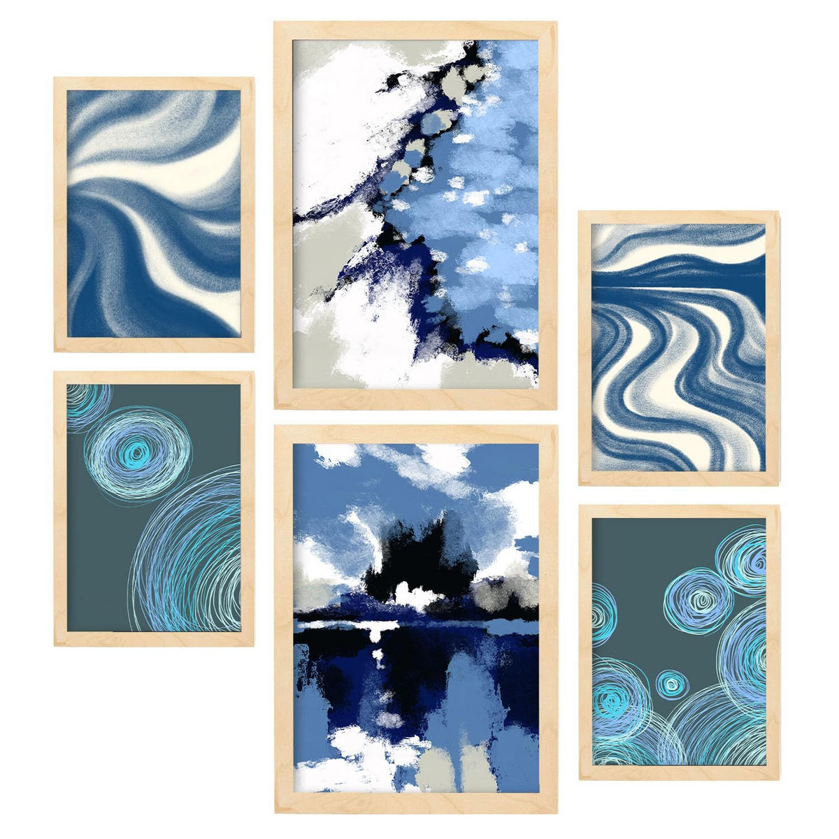 POSTER Set Mit 6 Blau Alte Koffer In Kulissen Abstracts Ästhetische Dekorative Gemälde Für Ihr Wohnzimmer Zuhause A3 & A4 Rahmen Aus Hellem Holz - Beige, Papier (29/3cm) - Nacnic