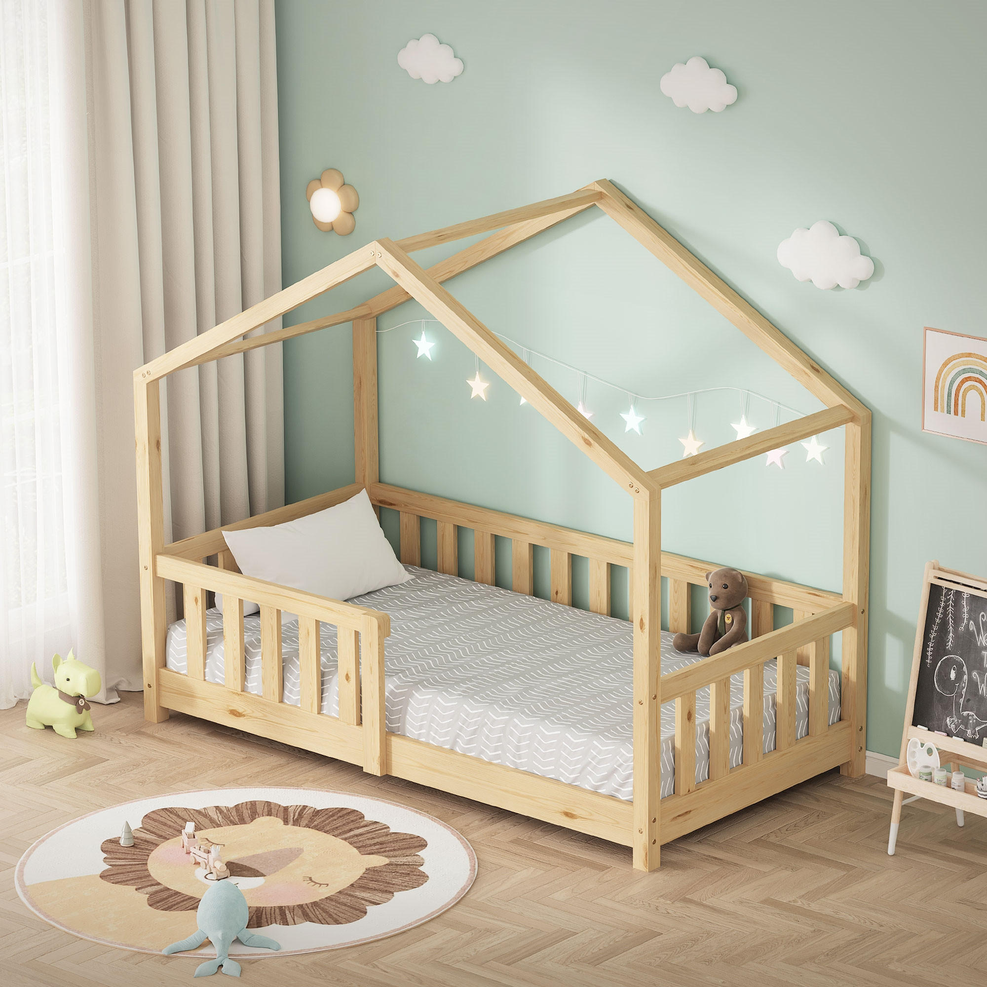 HAUSBETT 70x140 cm Natur aus Kiefernholz mit Rausfallschutz - Beige, Holz (70/140cm) - ML-DESIGN
