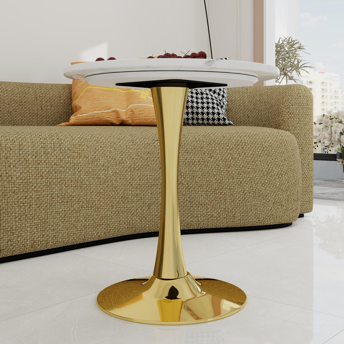 COUCHTISCH 70/70/72 cm Golden Weiß mit runder Kunstmarmorplatte - Goldfarben, Stein (70/70/72cm) - OKWISH
