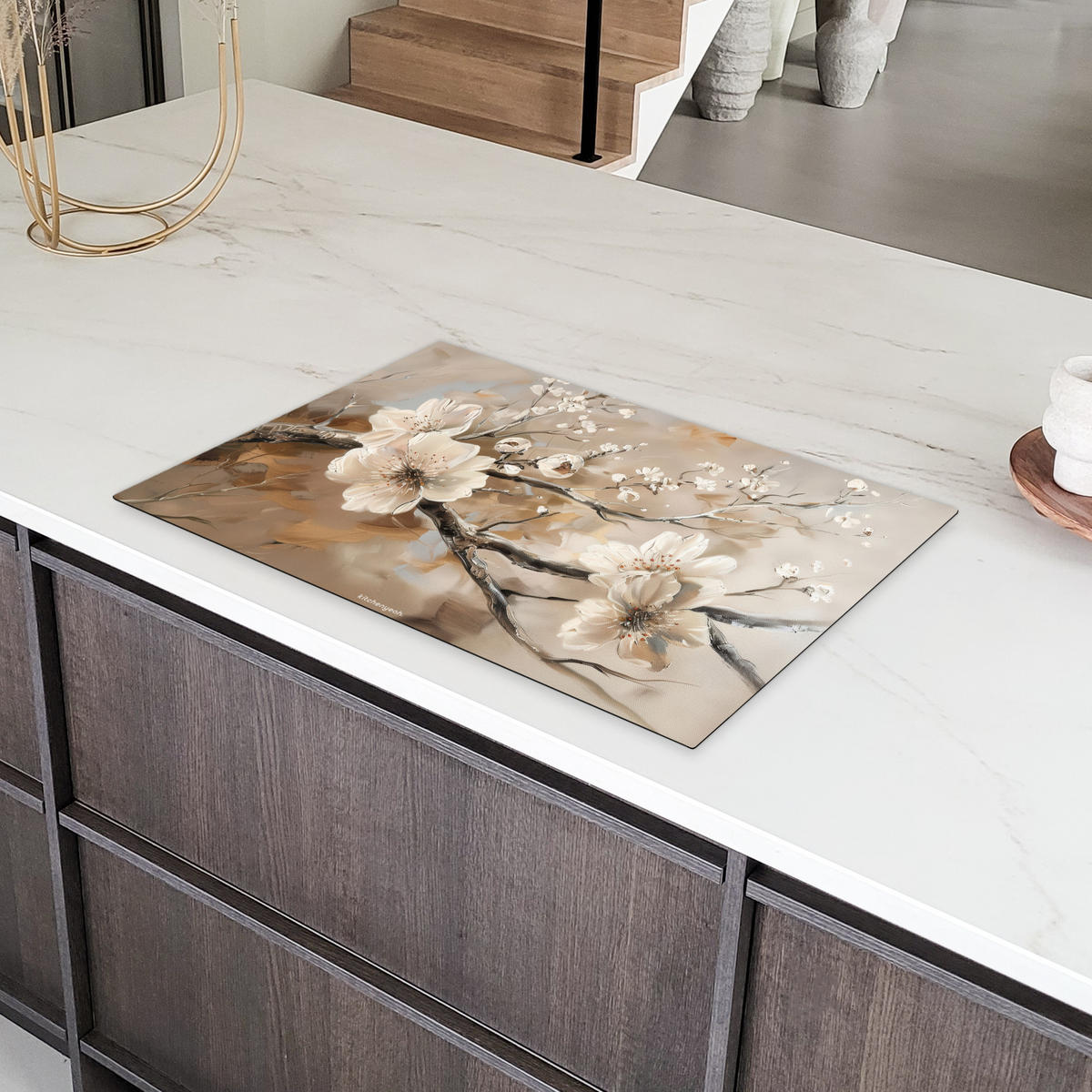 HERDABDECKPLATTE Blumen - Abstrakt - Gemalt - Beige 80x52 cm - Beige, Kunststoff (80/52/0.2cm) - MuchoWow