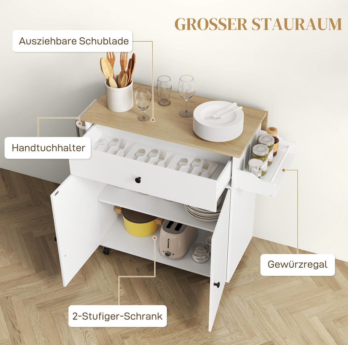 KÜCHENINSEL 106/42/87 cm mit klappbarer Arbeitsplatte, Stauraum und Rollen aus MDF, Weiß - Weiß, Holzwerkstoff (106/87/42cm) - Redom