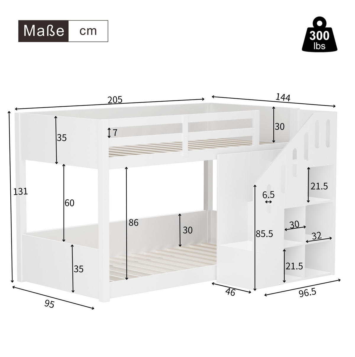 ETAGENBETT Kinderbett 90/200 cm aus Kiefer/MDF mit Stauraumtreppe und Schließfächern Weiß - Weiß, Holz (90/200cm) - Modenvie
