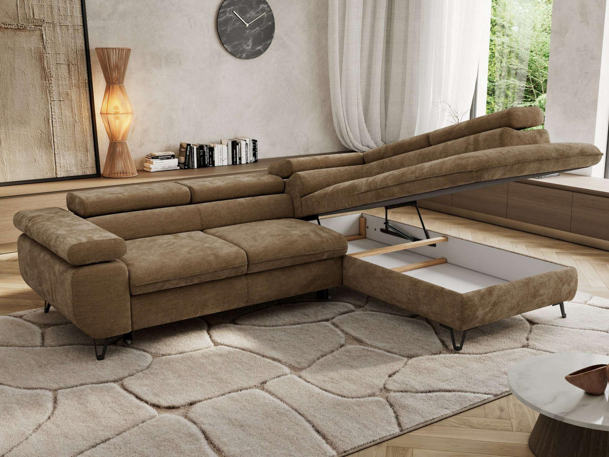 ECKSOFA PABLO L Braun Schenille glatt - Rechts Seite mit Visco Topper - Schwarz/Braun, Textil/Metall (273/208cm) - MKS