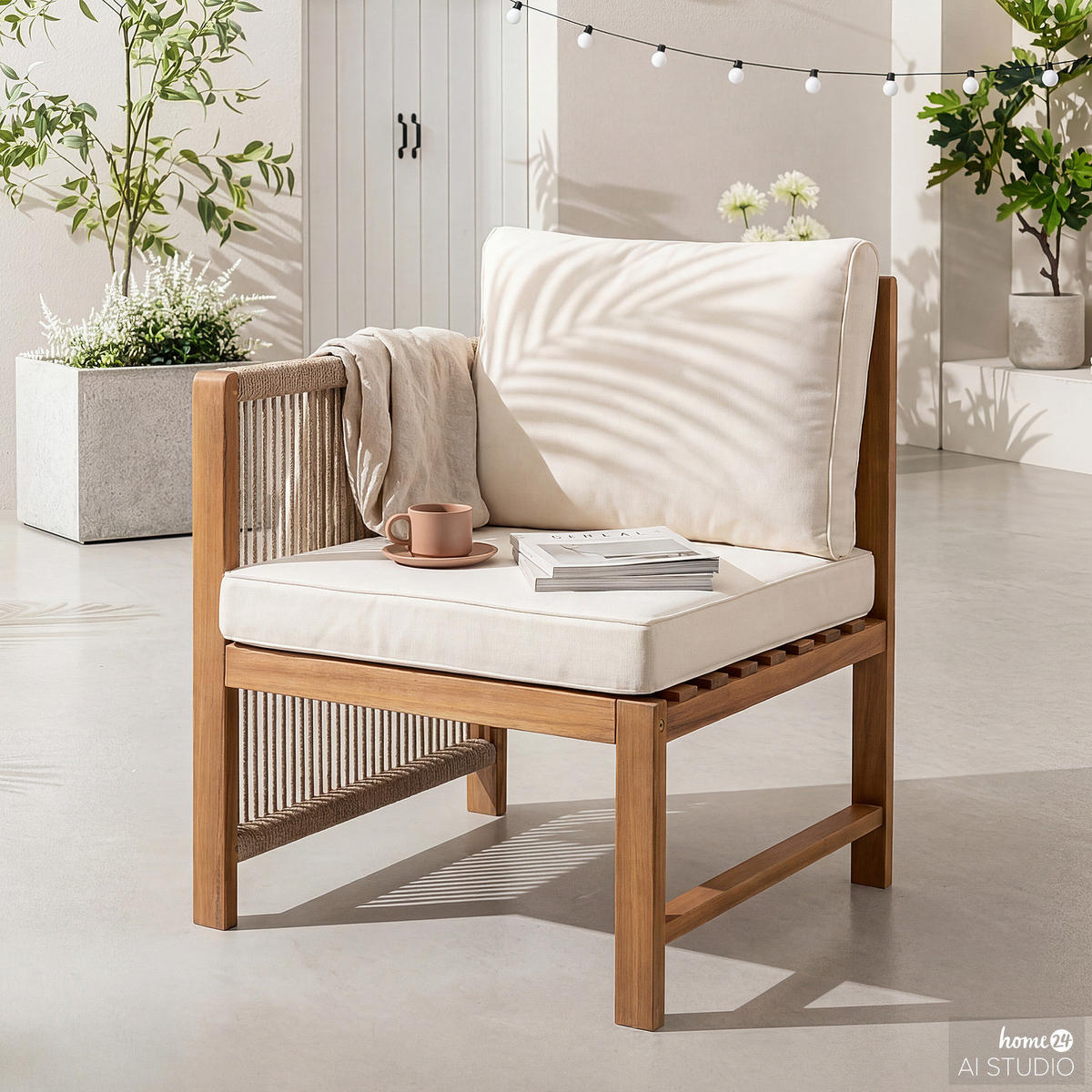 DININGSTUHL MIT 1 ARMLEHNE - Akazie massiv / Polyester - Braun / Beige - Beige/Braun, Holz/Textil (58/86/66cm) - home24