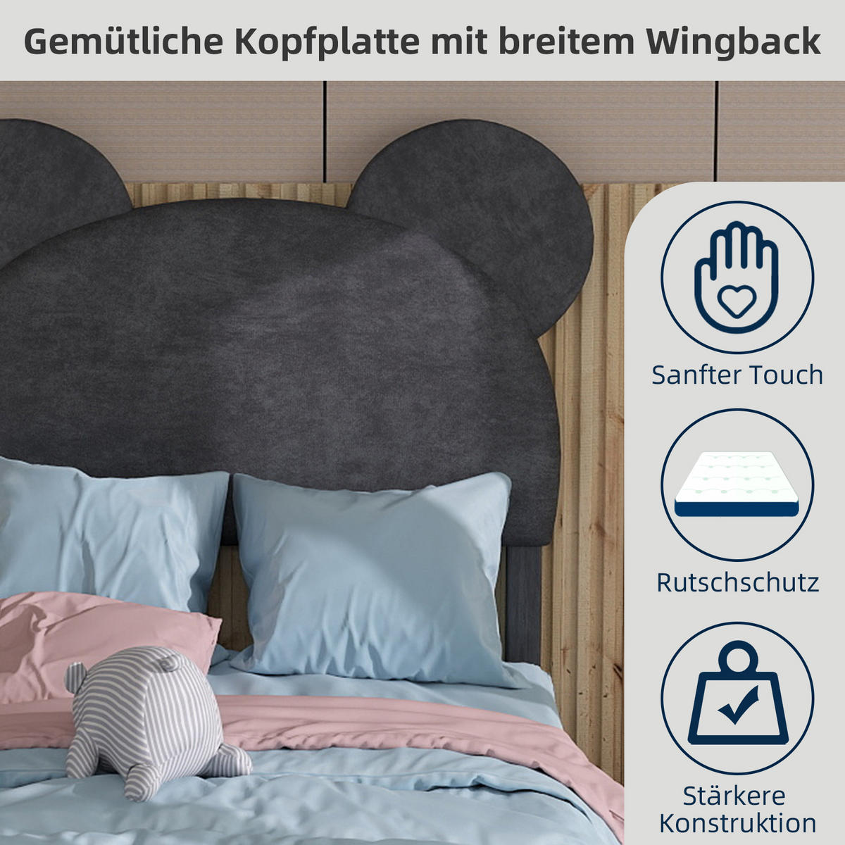 POLSTERBETT 90x200 cm Cartoon Stauraum grau - Grau, Textil (90/200cm) - LEBENLANG
