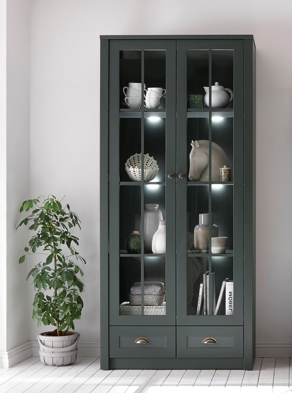 VITRINE grün Landhaus 90 x 197 cm, Vitrinenschrank für Wohn- und Esszimmer - Chromfarben/Schwarz, Glas/Holzwerkstoff (90/197/43cm) - Furn.Design