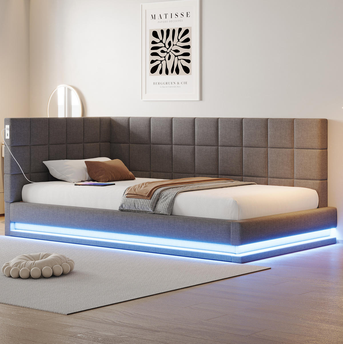 POLSTERBETT 90/200 cm grau aus Leinen mit LED-Lichtleiste und USB-Steckdose - Grau, Textil (90/200cm) - OKMYHOME