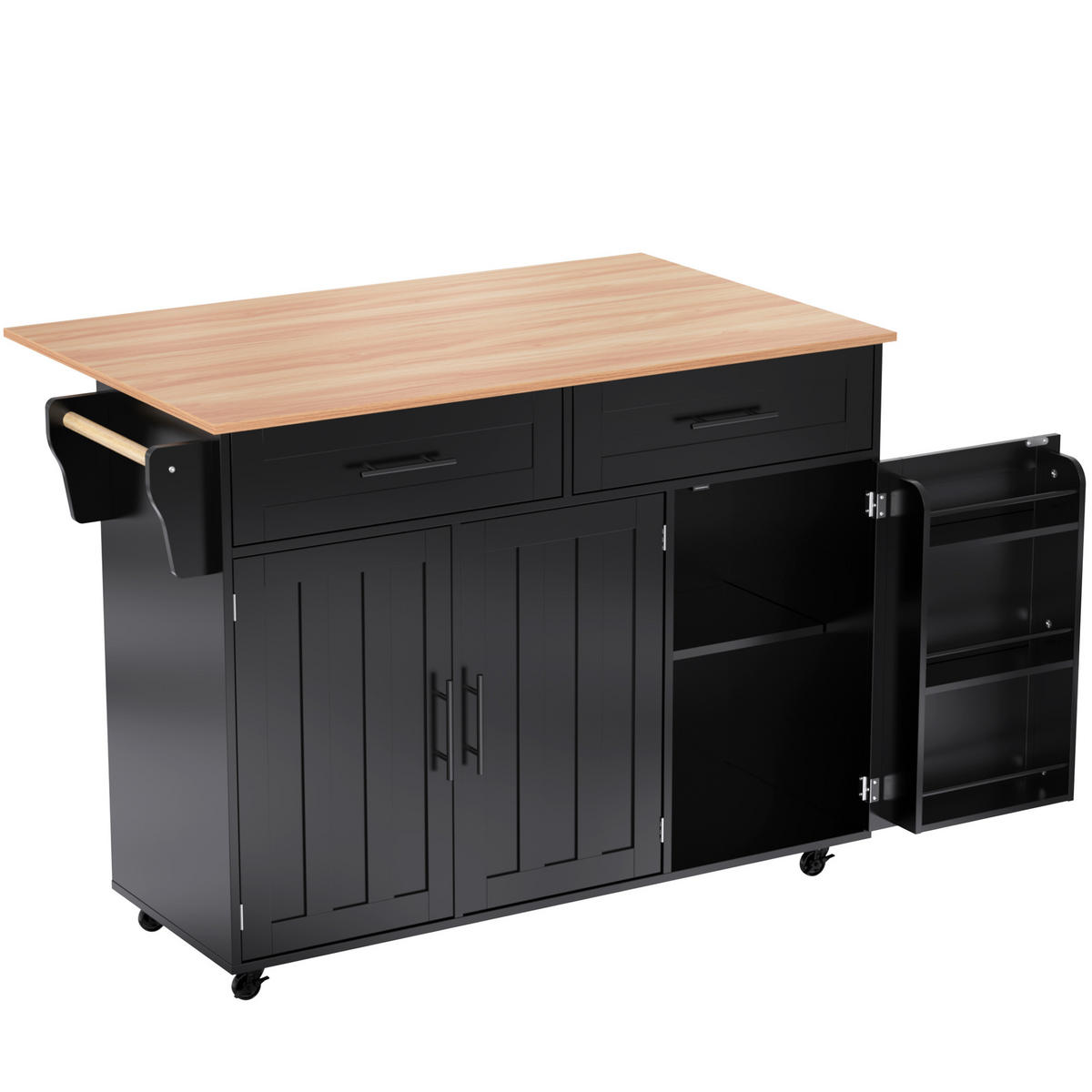 KÜCHENINSEL 129/71/91,5 cm schwarz natur mit klappbarer Arbeitsplatte - Schwarz, Holzwerkstoff (129/91.5/71cm) - OKWISH