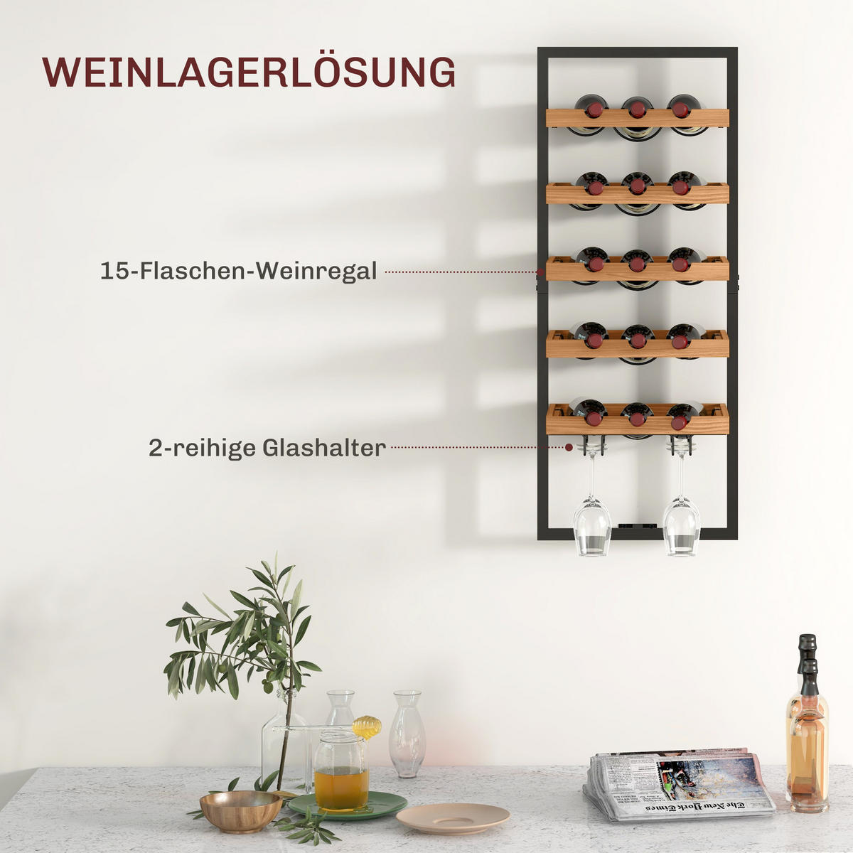 WEINREGAL stapelbar, wandmontierbares Flaschenregal mit 5 Ablagen, Glashaltern - Braun, Textil (25/86/35cm) - HOMCOM