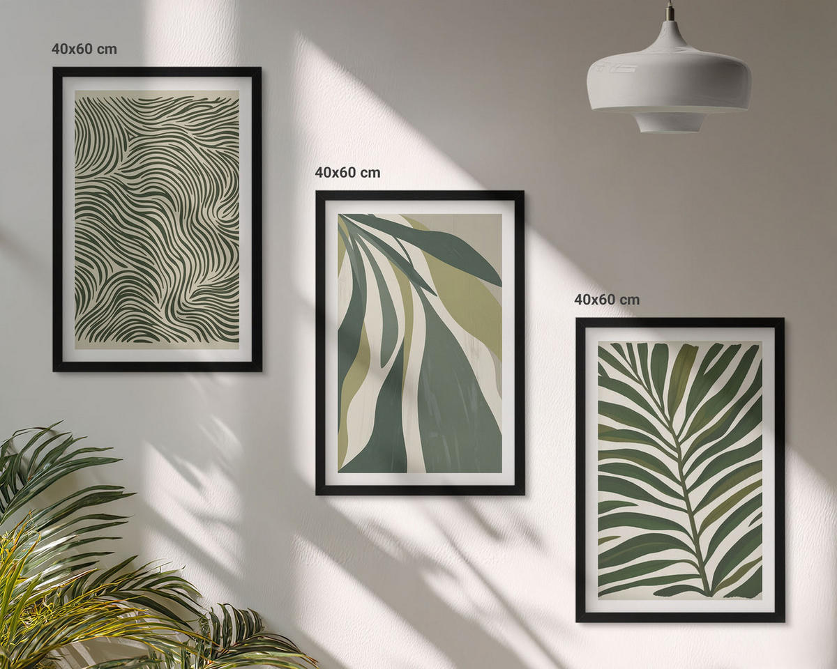 BILDER SET 3er Set - 40x60 cm Schwarzer Rahmen - Blätter mit wellenförmigen grünen Linien - Schwarz, Kunststoff (40/60cm) - TULUP